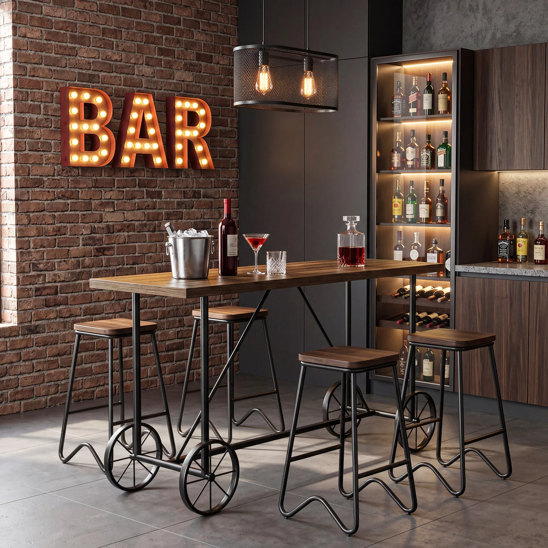 63" Bar Table, Industrial Counter Height Dining Table with Bicycle-Inspired Metal Base - Image 5
