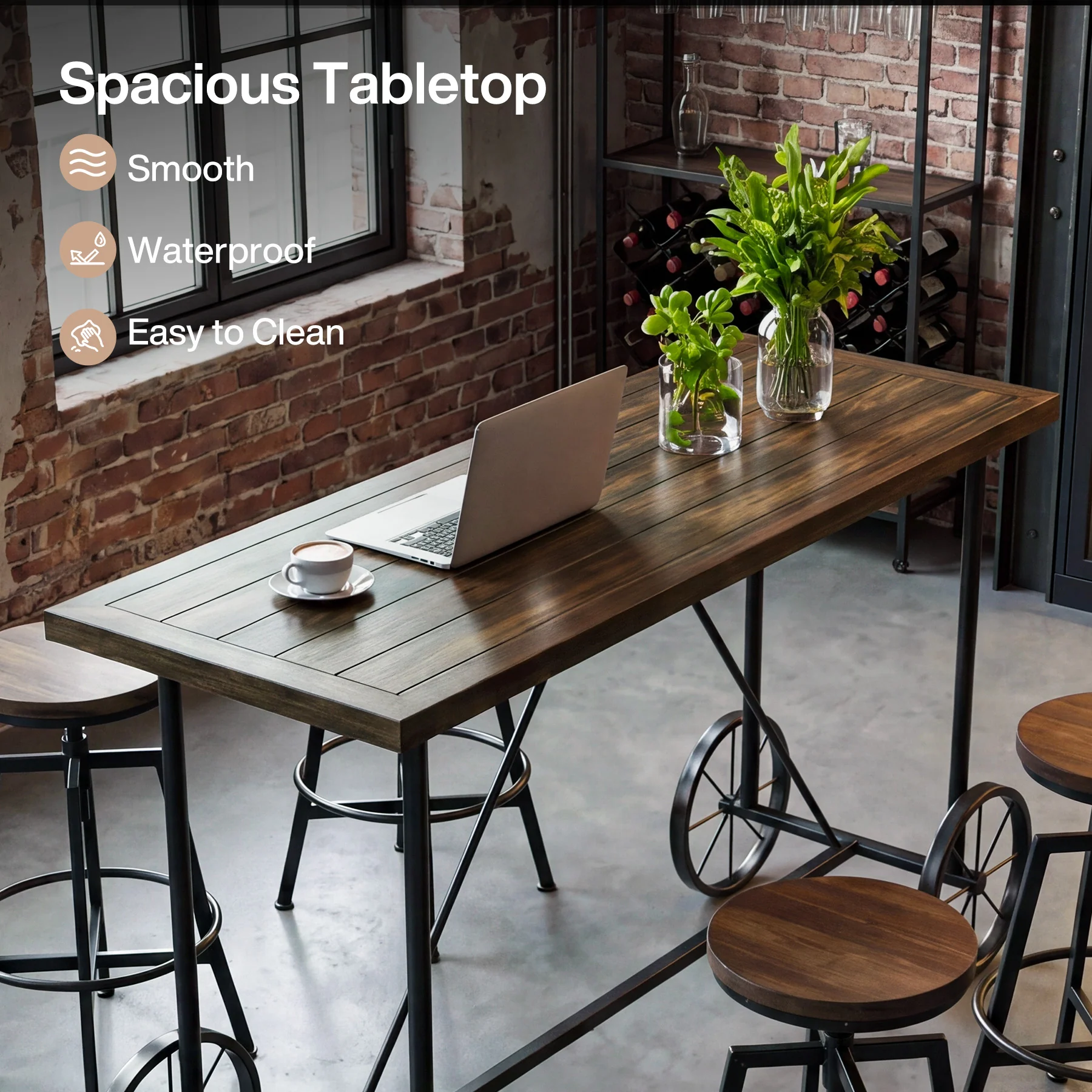 63" Bar Table, Industrial Counter Height Dining Table with Bicycle-Inspired Metal Base - Image 6