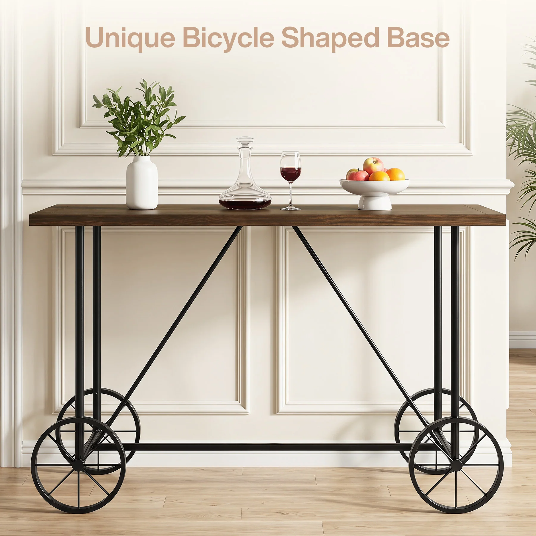 63" Bar Table, Industrial Counter Height Dining Table with Bicycle-Inspired Metal Base - Image 7