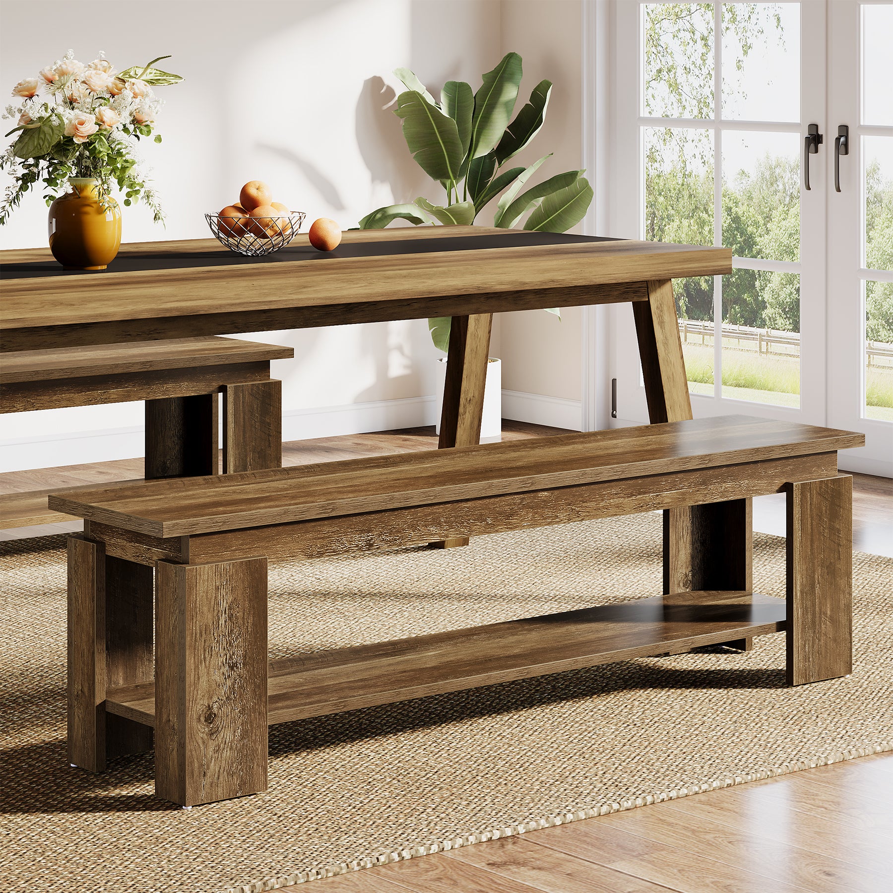 63" Dining Bench for 2-3, Farmhouse Kitchen Bench with Storage Shelf