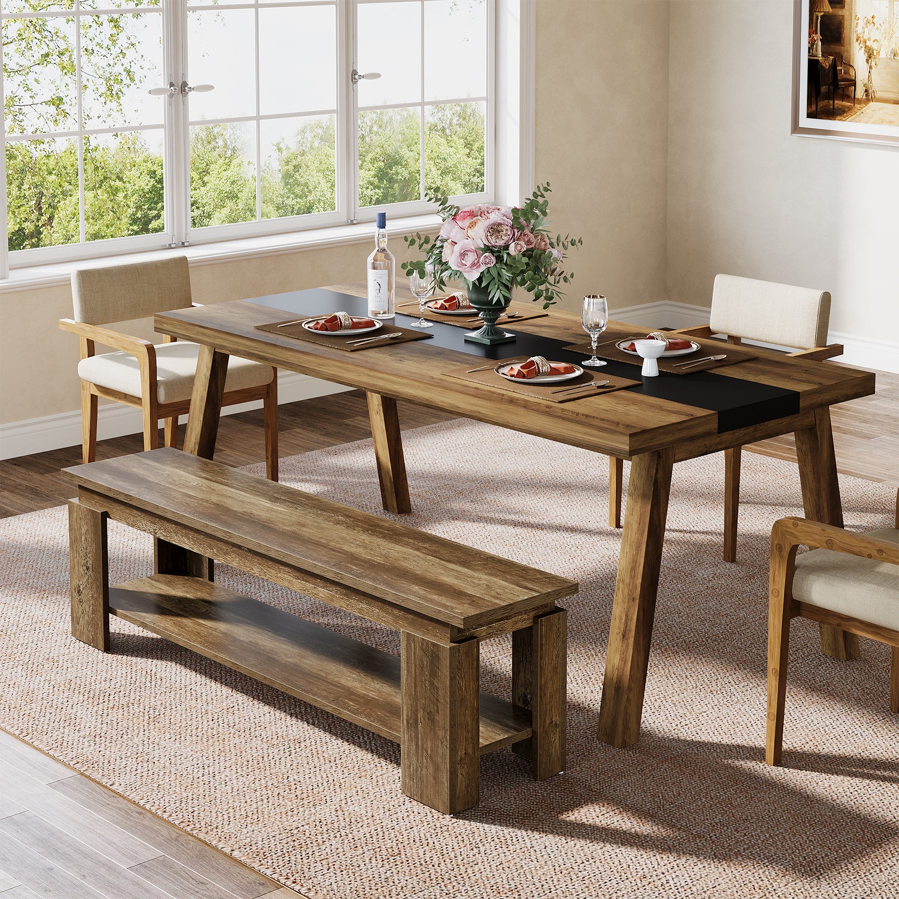 63" Dining Bench for 2-3, Farmhouse Kitchen Bench with Storage Shelf - Image 4
