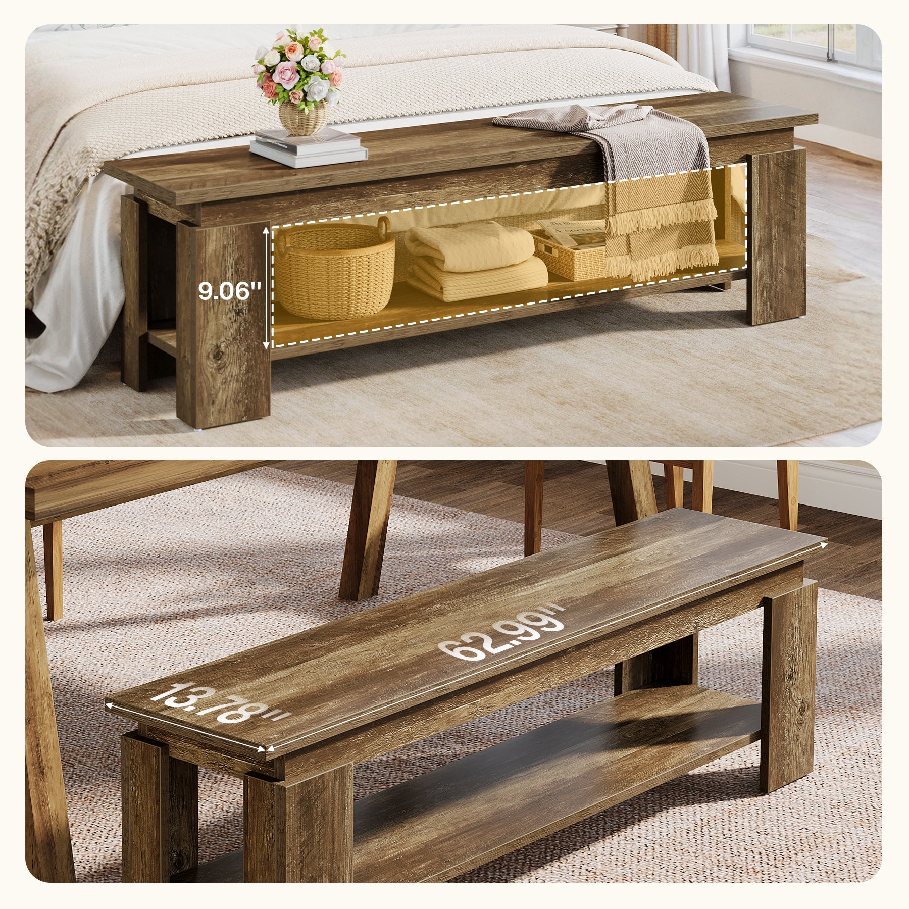 63" Dining Bench for 2-3, Farmhouse Kitchen Bench with Storage Shelf - Image 6