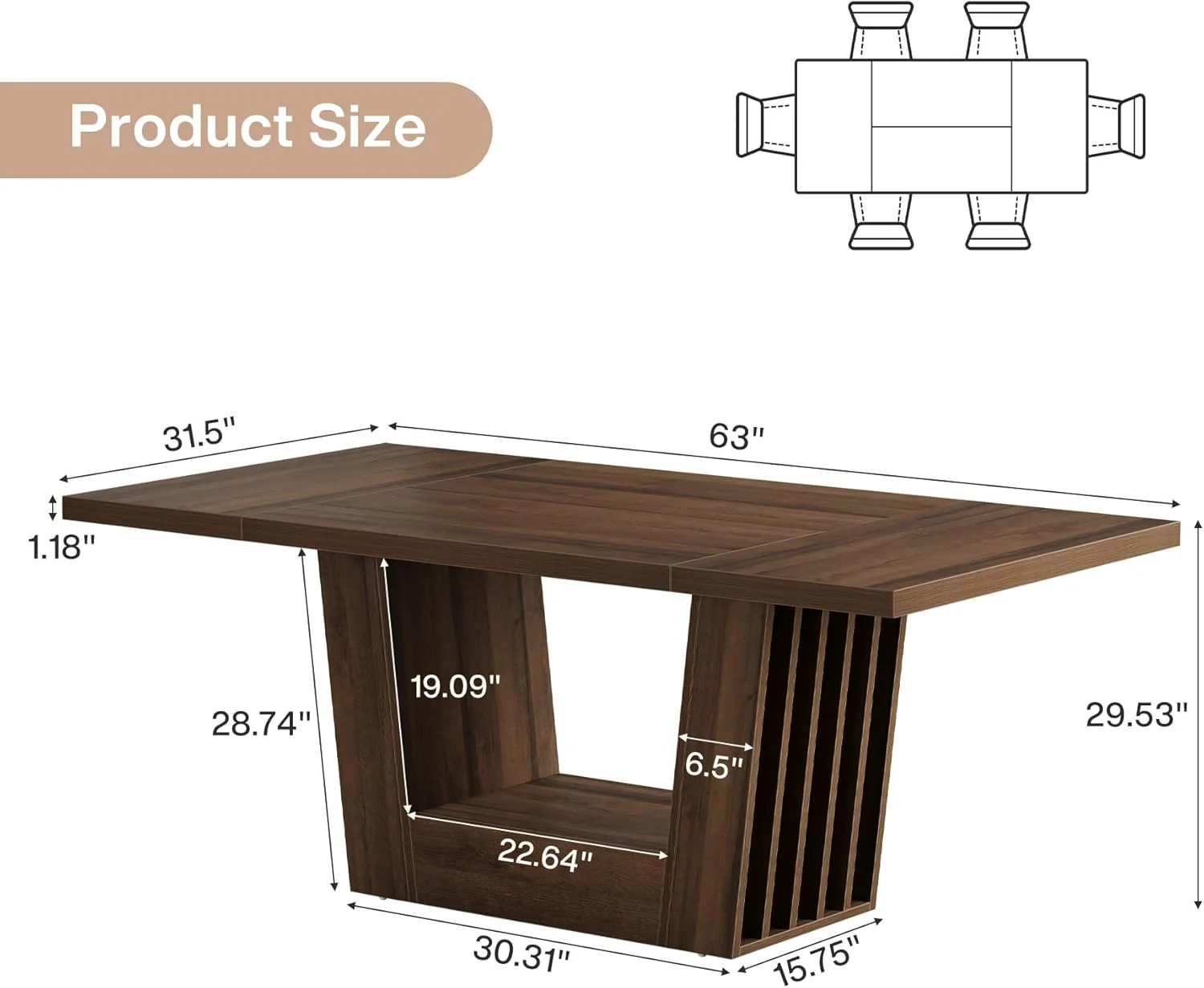 63" Dining Table for 4-6, Farmhouse Kitchen Dinner Table with Heavy-Duty Base - Image 2