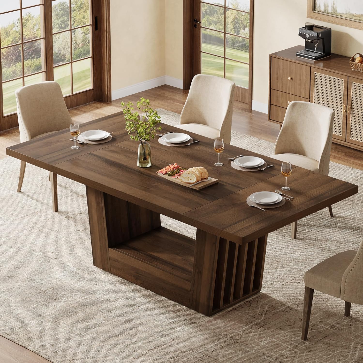 63" Dining Table for 4-6, Farmhouse Kitchen Dinner Table with Heavy-Duty Base - Image 4