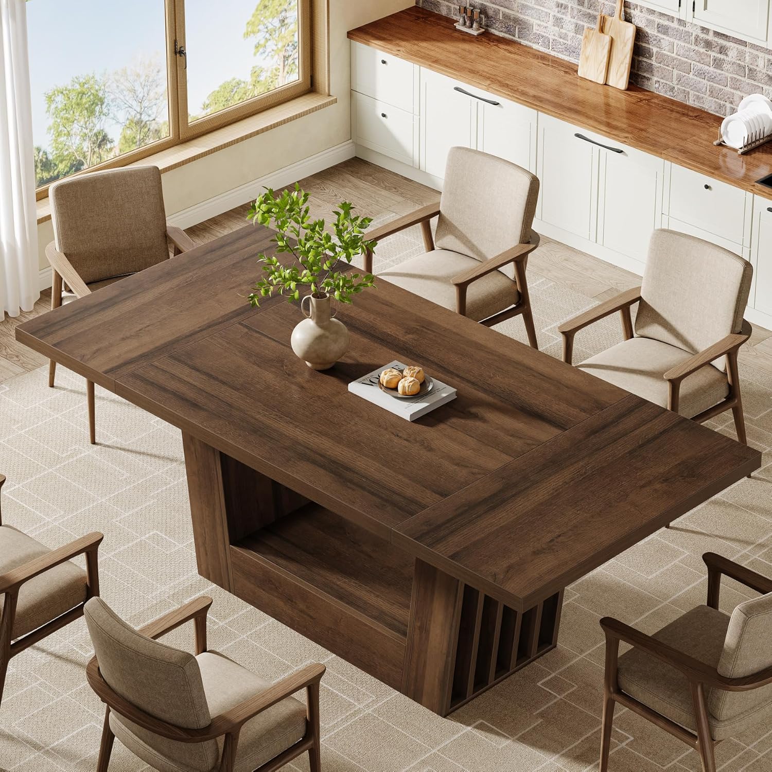 63" Dining Table for 4-6, Farmhouse Kitchen Dinner Table with Heavy-Duty Base - Image 5