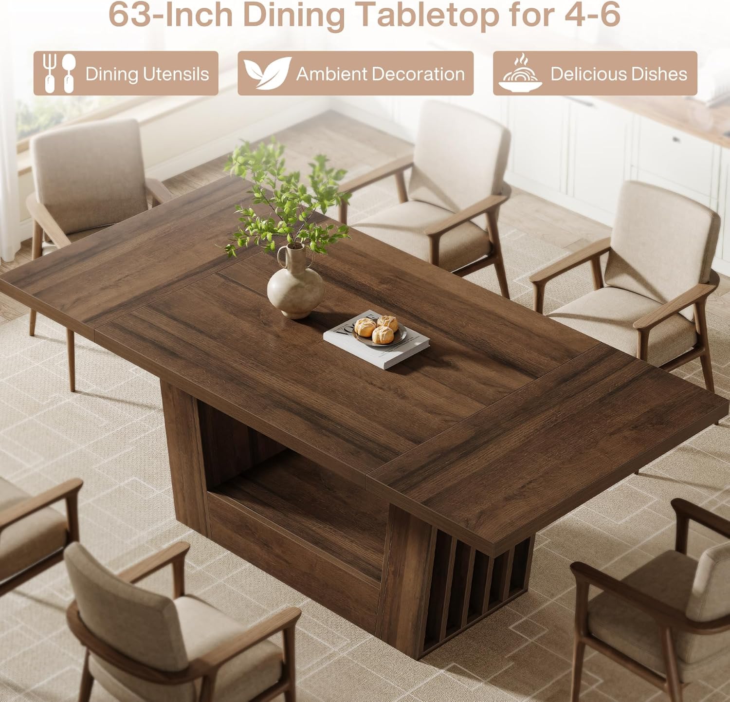 63" Dining Table for 4-6, Farmhouse Kitchen Dinner Table with Heavy-Duty Base - Image 7