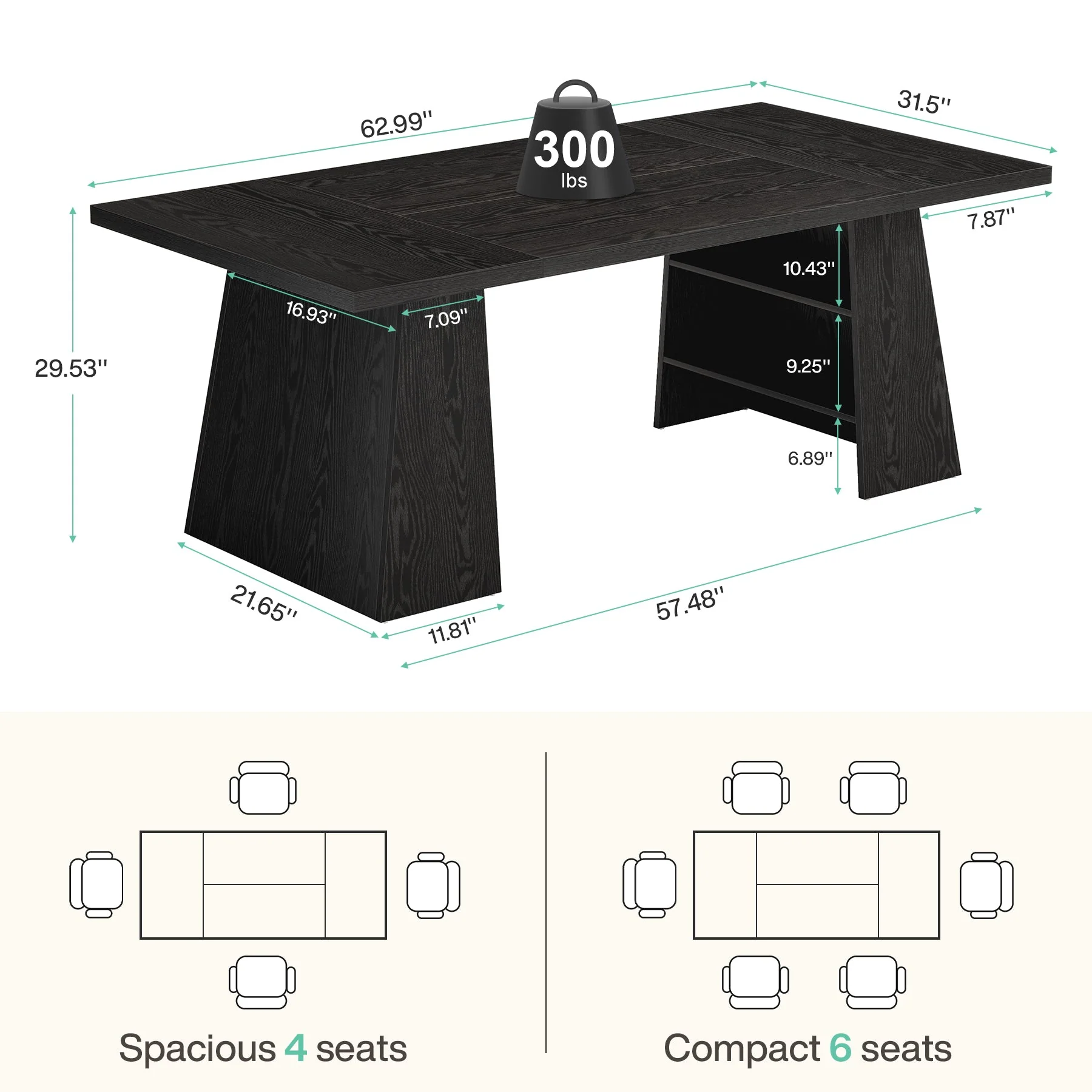 63" Dining Table for 4-6 People, Modern Kitchen Table with Storage Shelves - Image 2