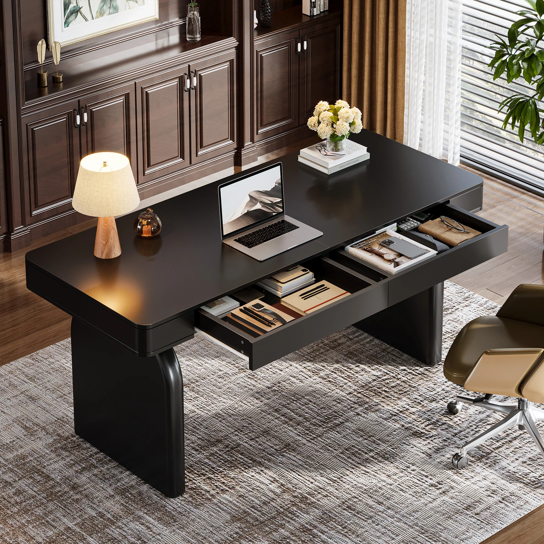 63" Executive Desk, Modern Office Computer Desk with 2 Storage Drawers - Image 11