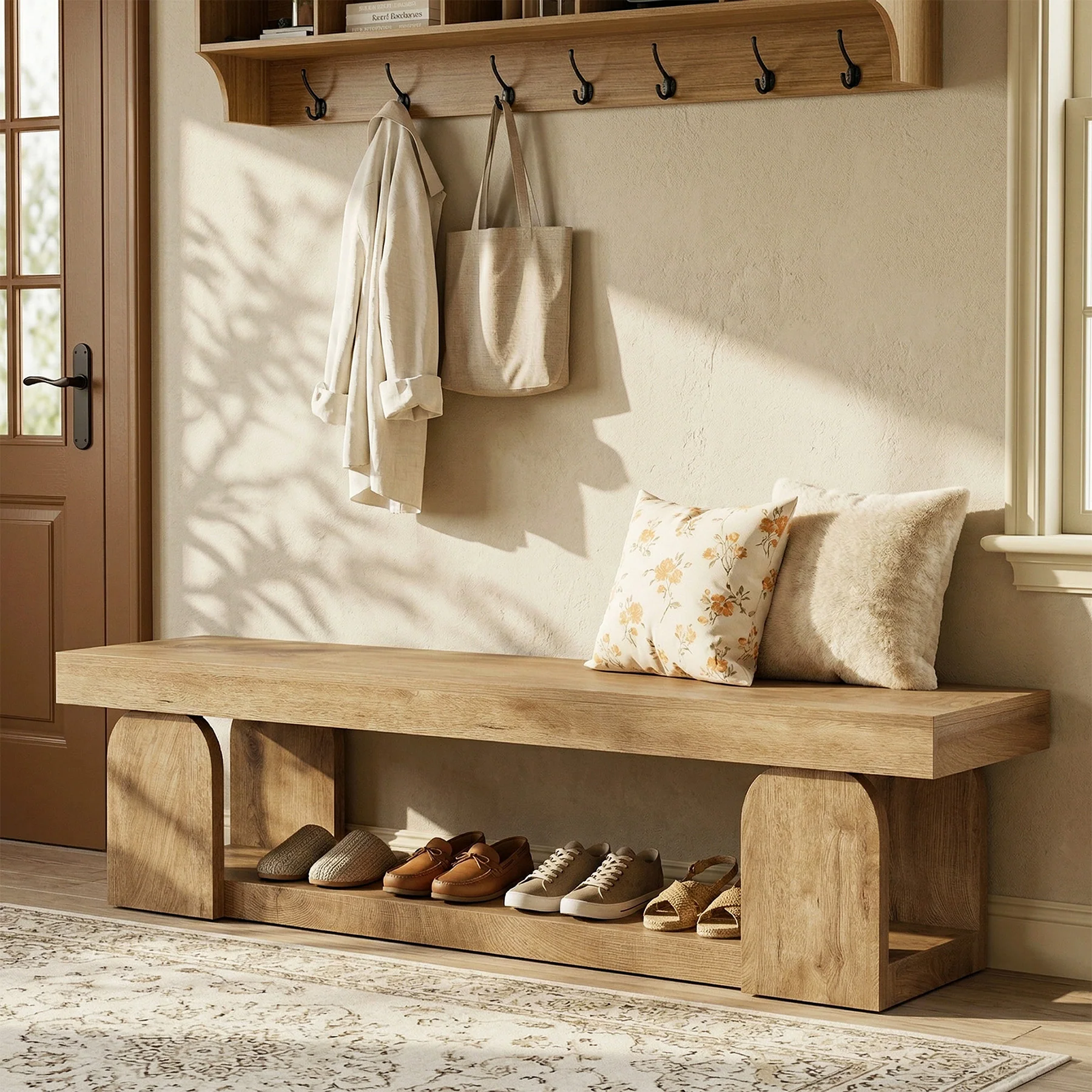 63" Entryway Bench, Farmhouse Shoe Bench with Storage Shelf for Bedroom, Hallway - Image 3