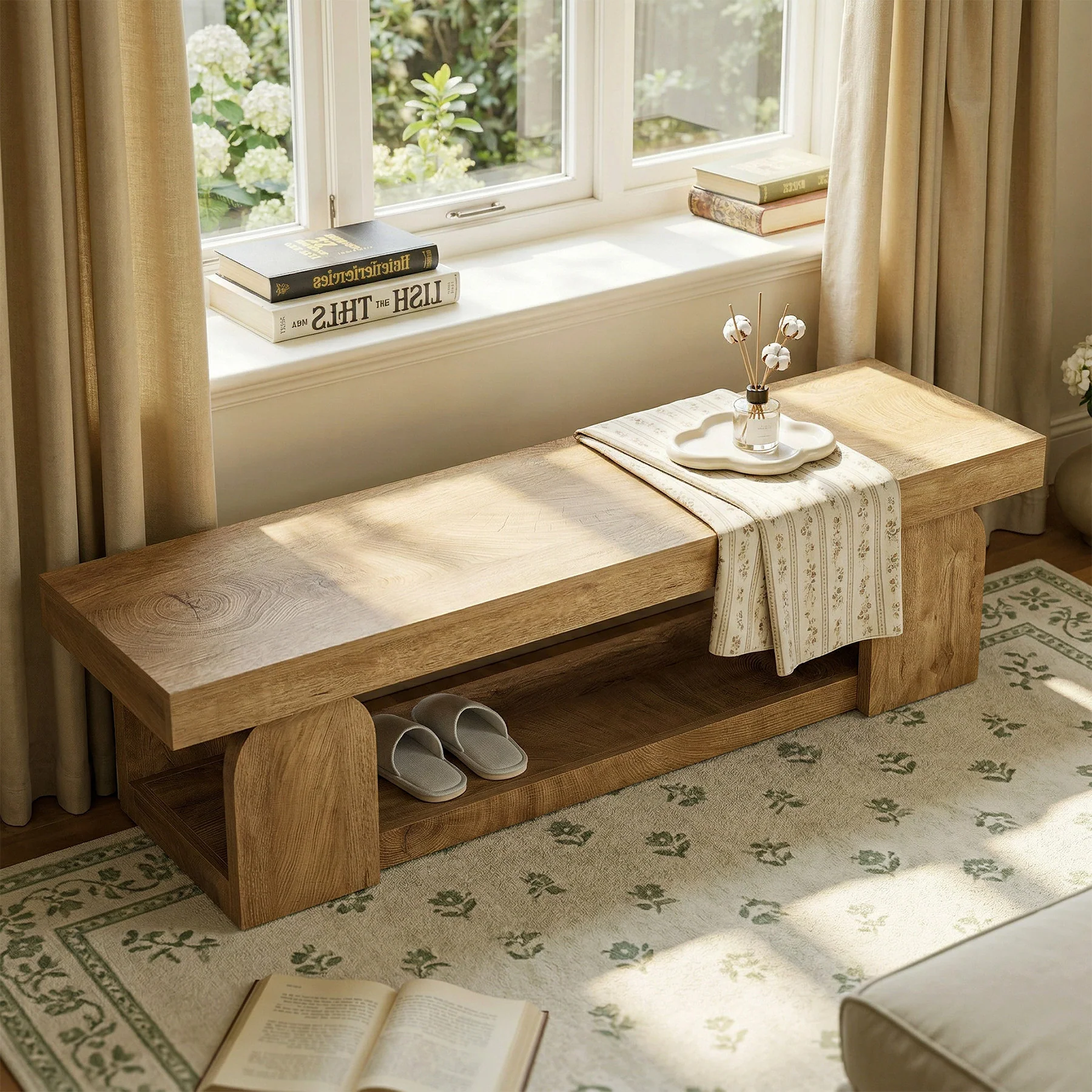 63" Entryway Bench, Farmhouse Shoe Bench with Storage Shelf for Bedroom, Hallway - Image 4