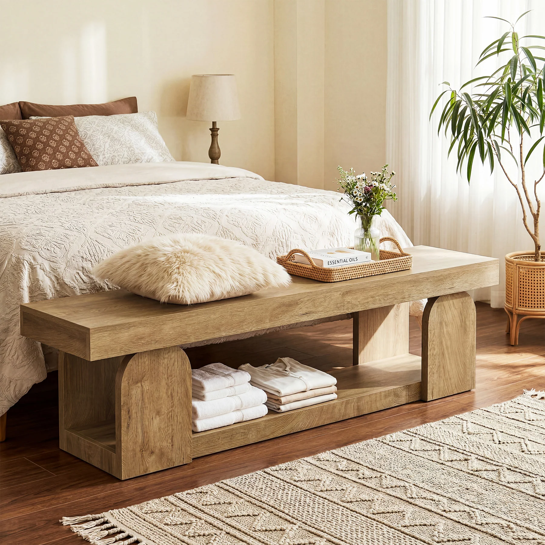 63" Entryway Bench, Farmhouse Shoe Bench with Storage Shelf for Bedroom, Hallway - Image 5