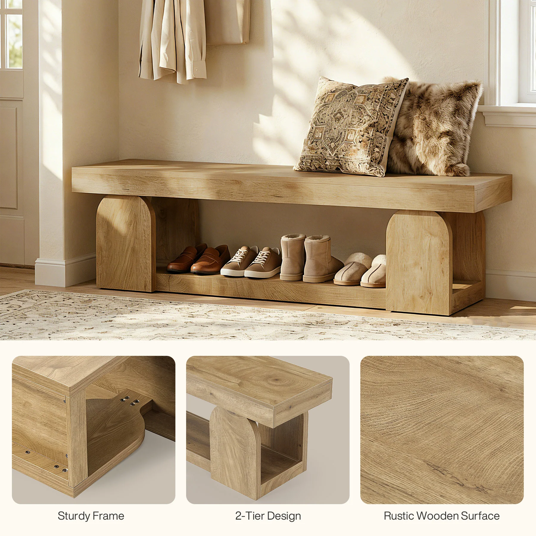 63" Entryway Bench, Farmhouse Shoe Bench with Storage Shelf for Bedroom, Hallway - Image 8