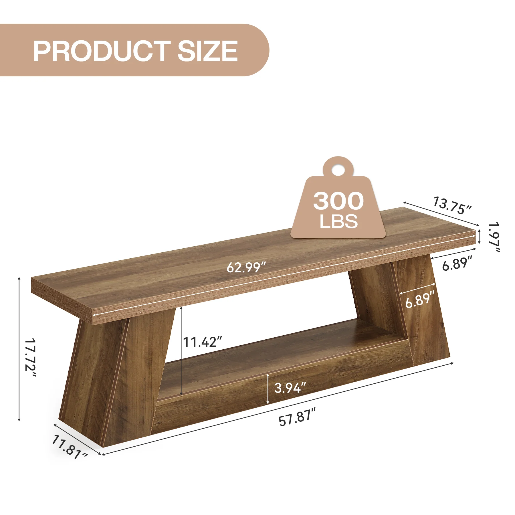 63" Entryway Bench with Storage Shelf, 2-Tier End of Bed Bench - Image 2