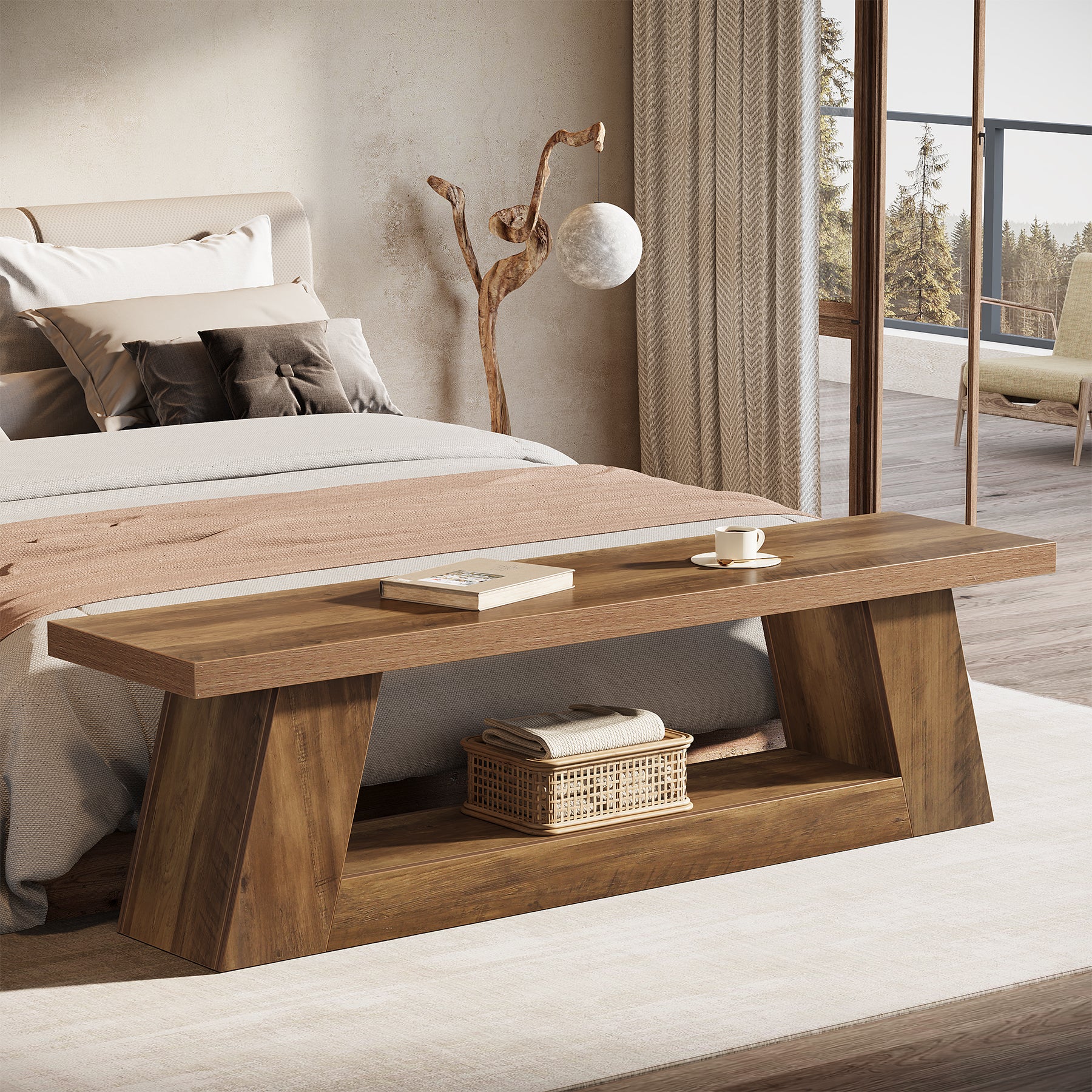 63" Entryway Bench with Storage Shelf, 2-Tier End of Bed Bench - Image 3