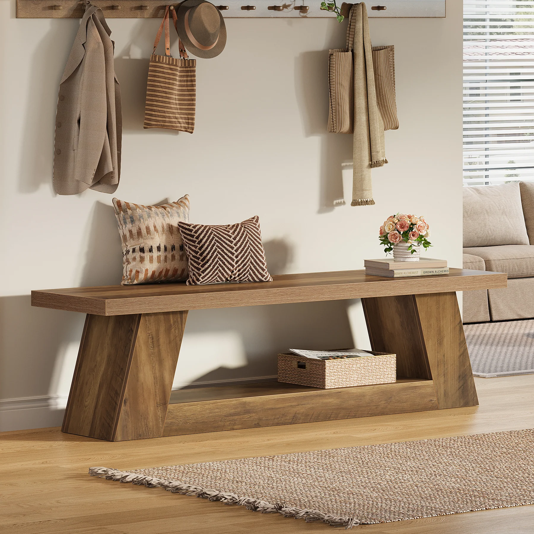 63" Entryway Bench with Storage Shelf, 2-Tier End of Bed Bench - Image 5