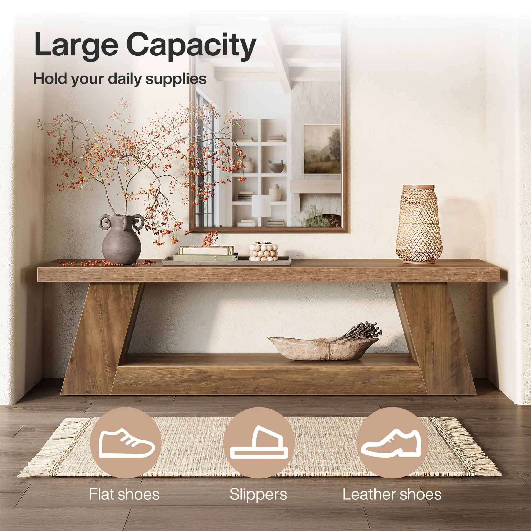 63" Entryway Bench with Storage Shelf, 2-Tier End of Bed Bench - Image 6