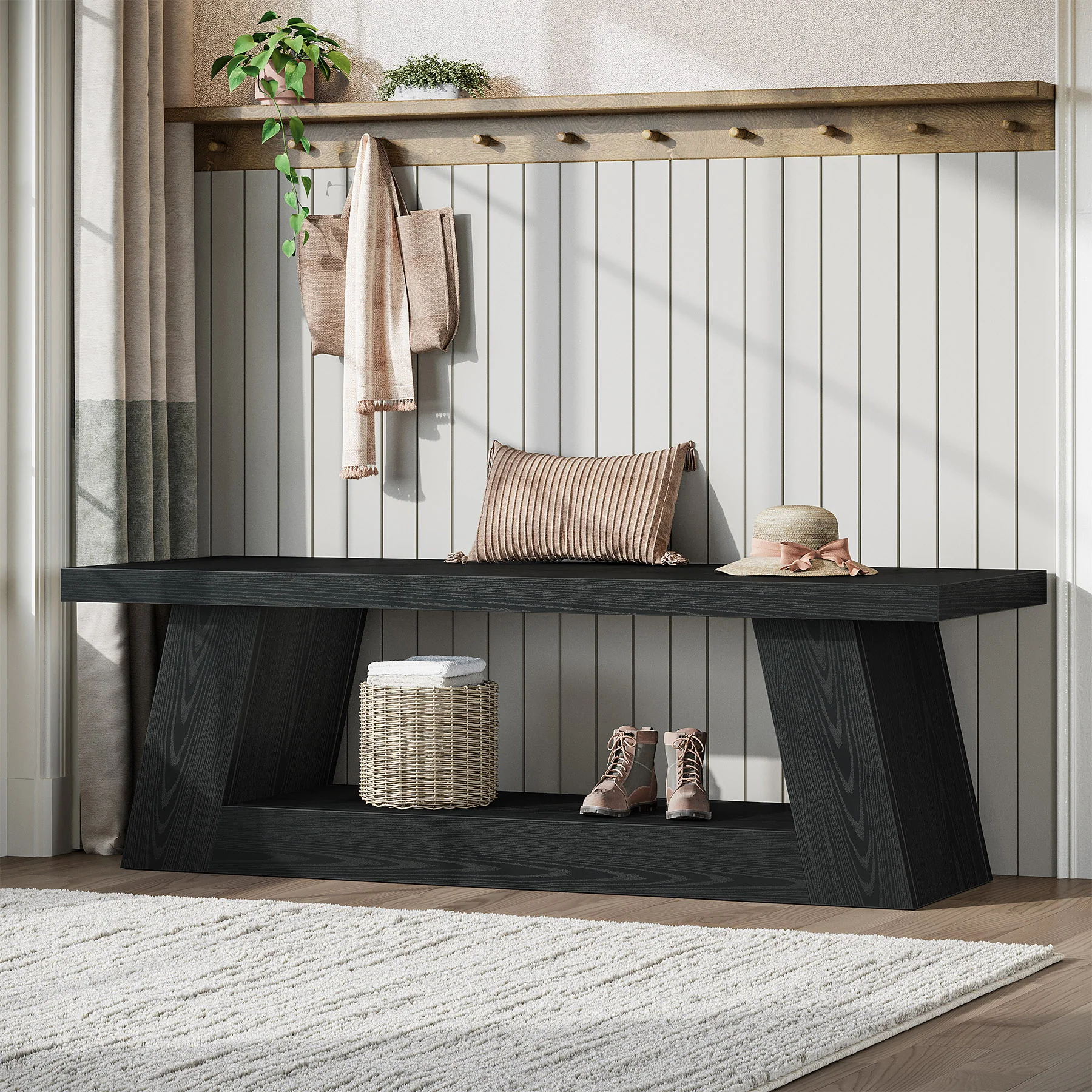 63" Entryway Bench with Storage Shelf, 2-Tier End of Bed Bench - Image 8