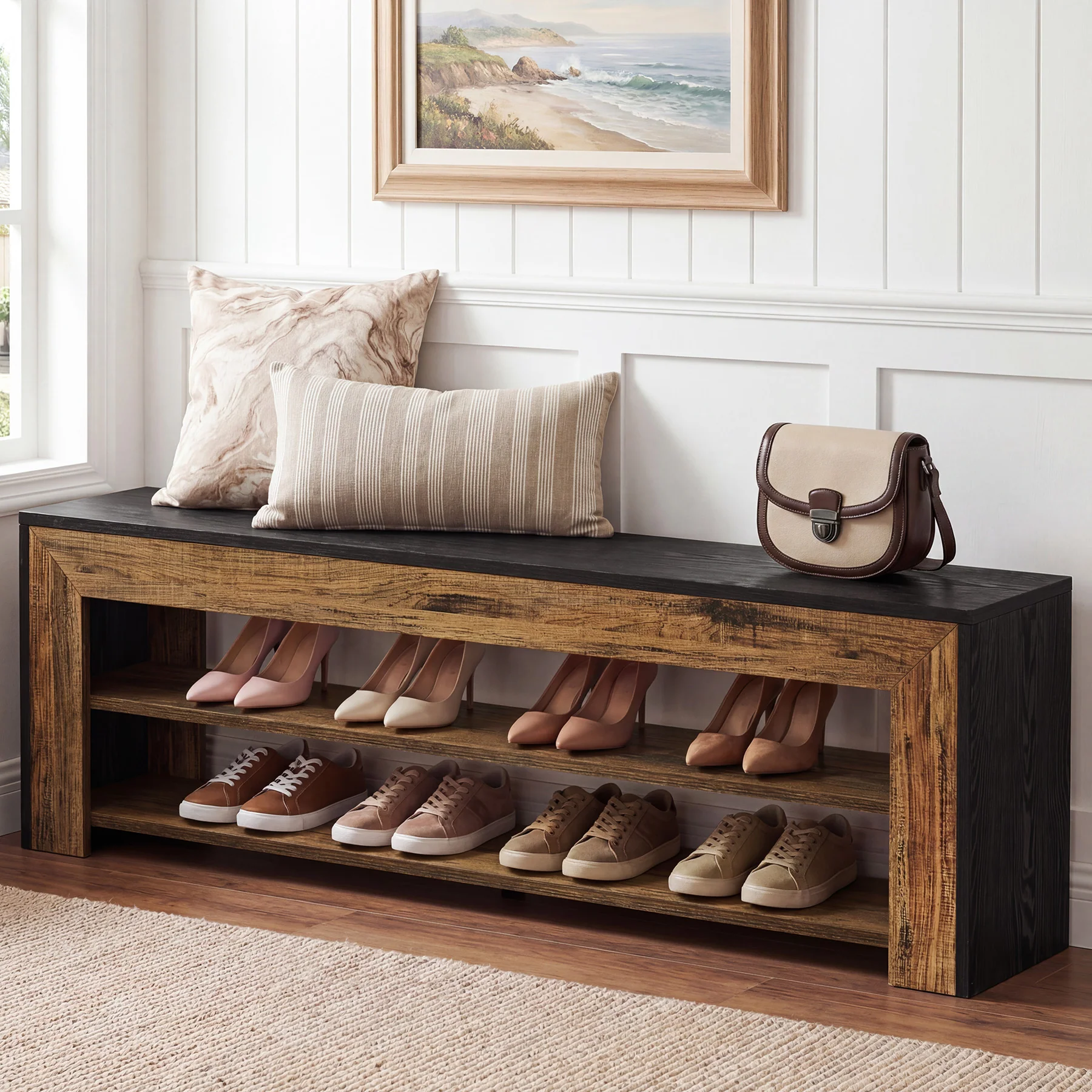 63" Entryway Shoe Bench, 3-Tier End of Bed Bench with Storage Shelves for Hallway