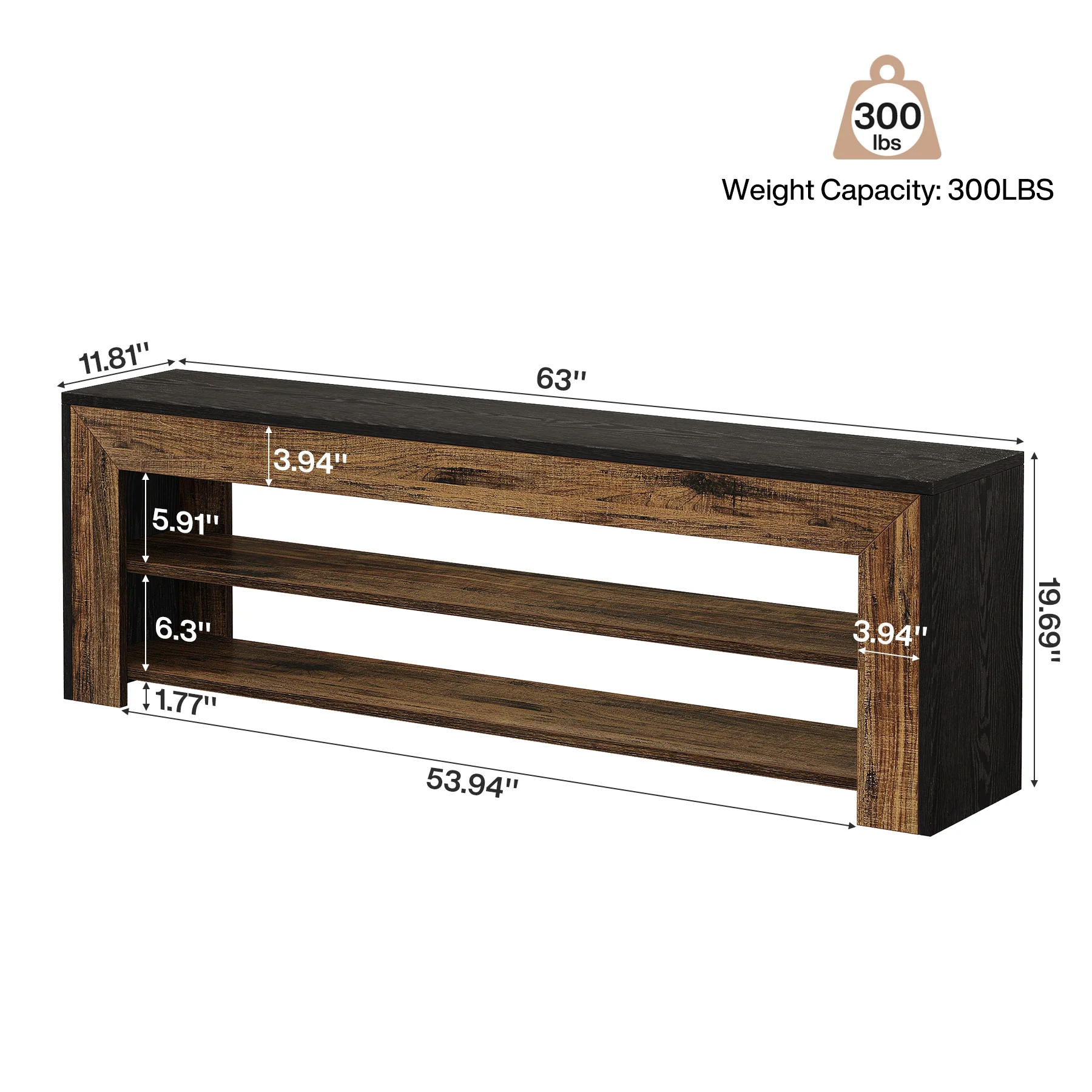 63" Entryway Shoe Bench, 3-Tier End of Bed Bench with Storage Shelves for Hallway - Image 2