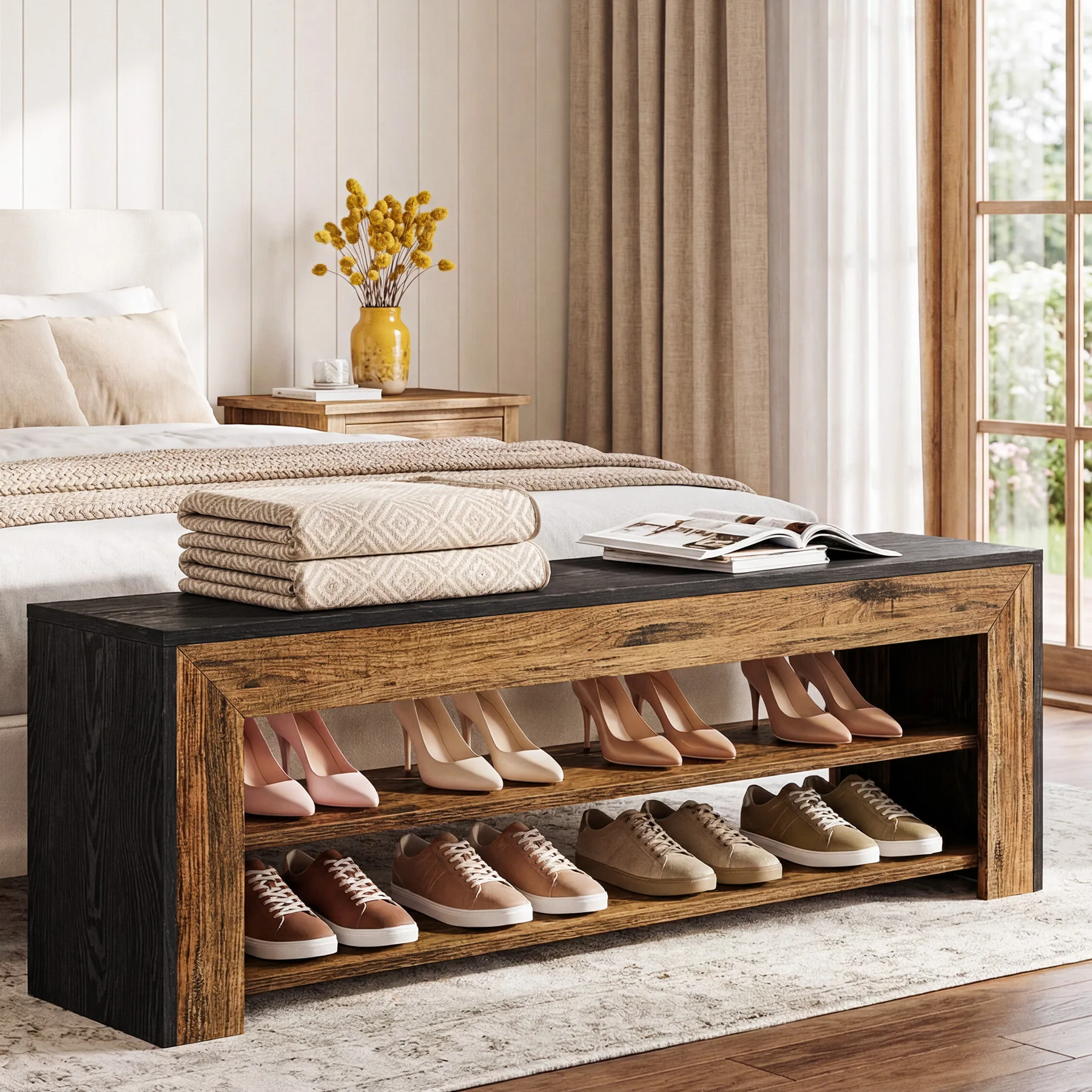 63" Entryway Shoe Bench, 3-Tier End of Bed Bench with Storage Shelves for Hallway - Image 3