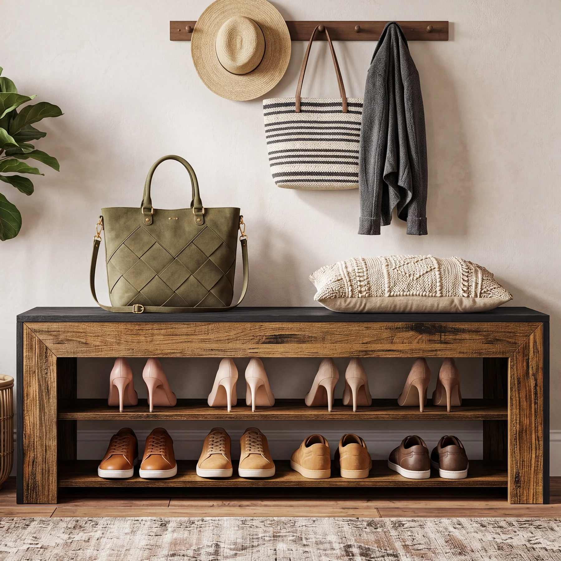 63" Entryway Shoe Bench, 3-Tier End of Bed Bench with Storage Shelves for Hallway - Image 4