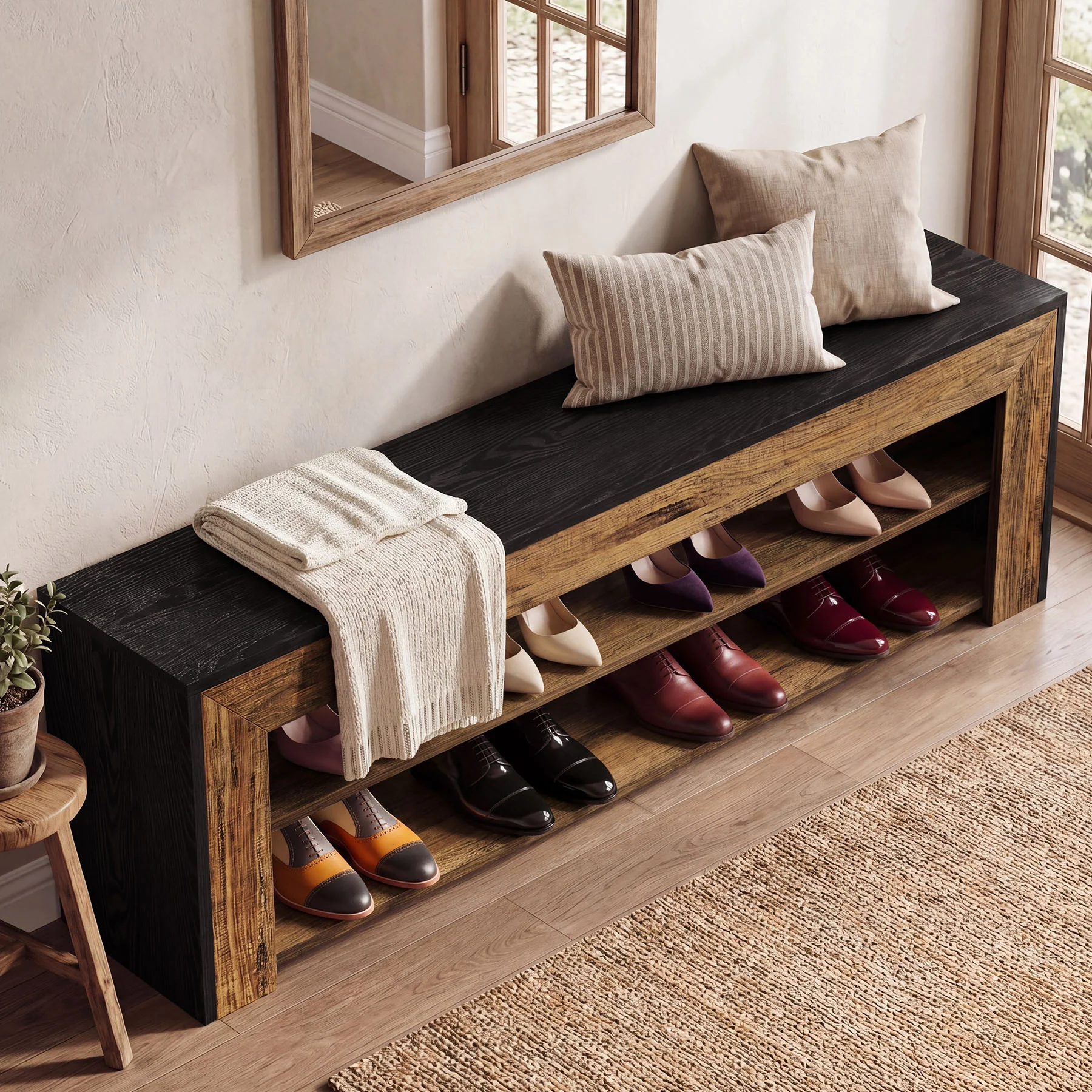 63" Entryway Shoe Bench, 3-Tier End of Bed Bench with Storage Shelves for Hallway - Image 5