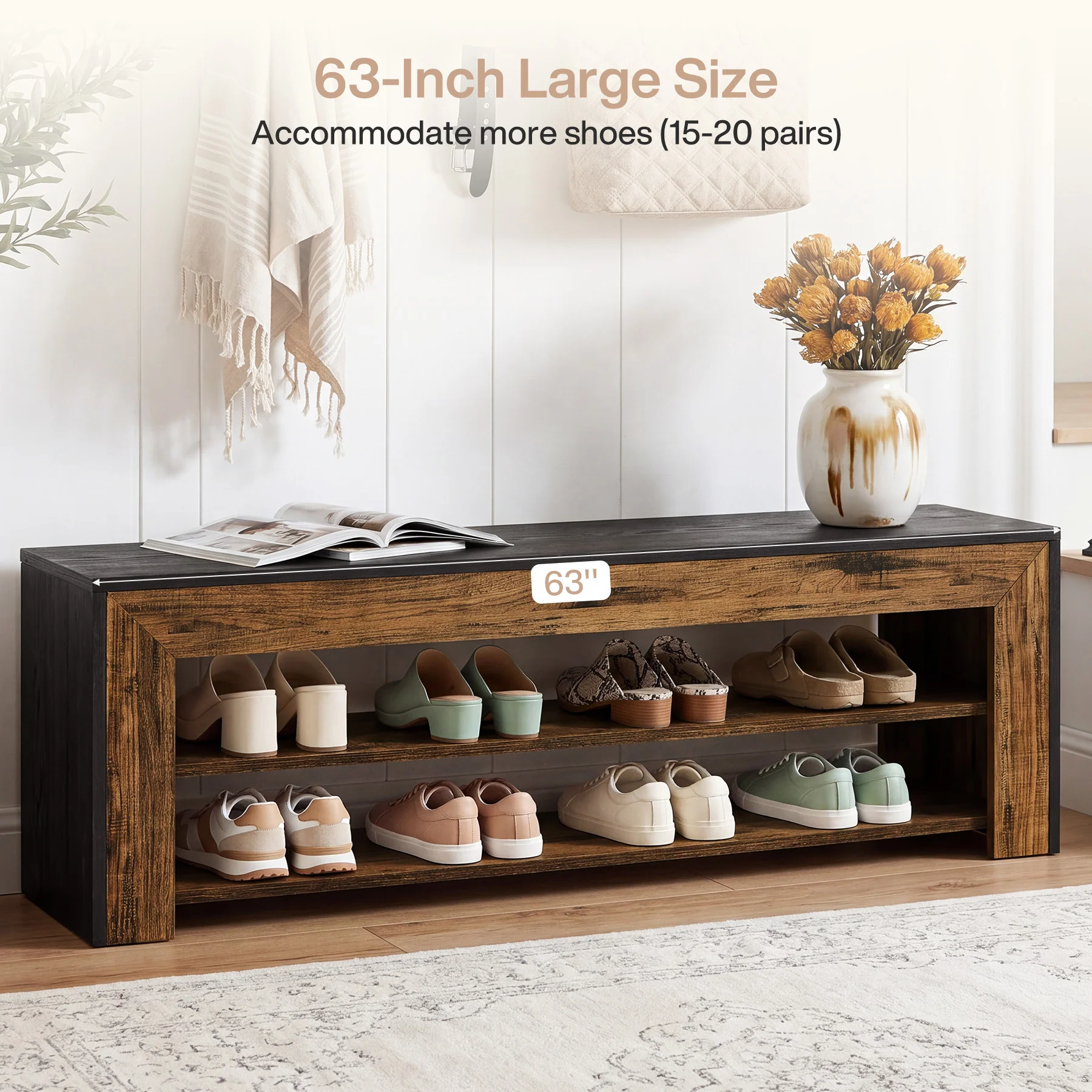 63" Entryway Shoe Bench, 3-Tier End of Bed Bench with Storage Shelves for Hallway - Image 6