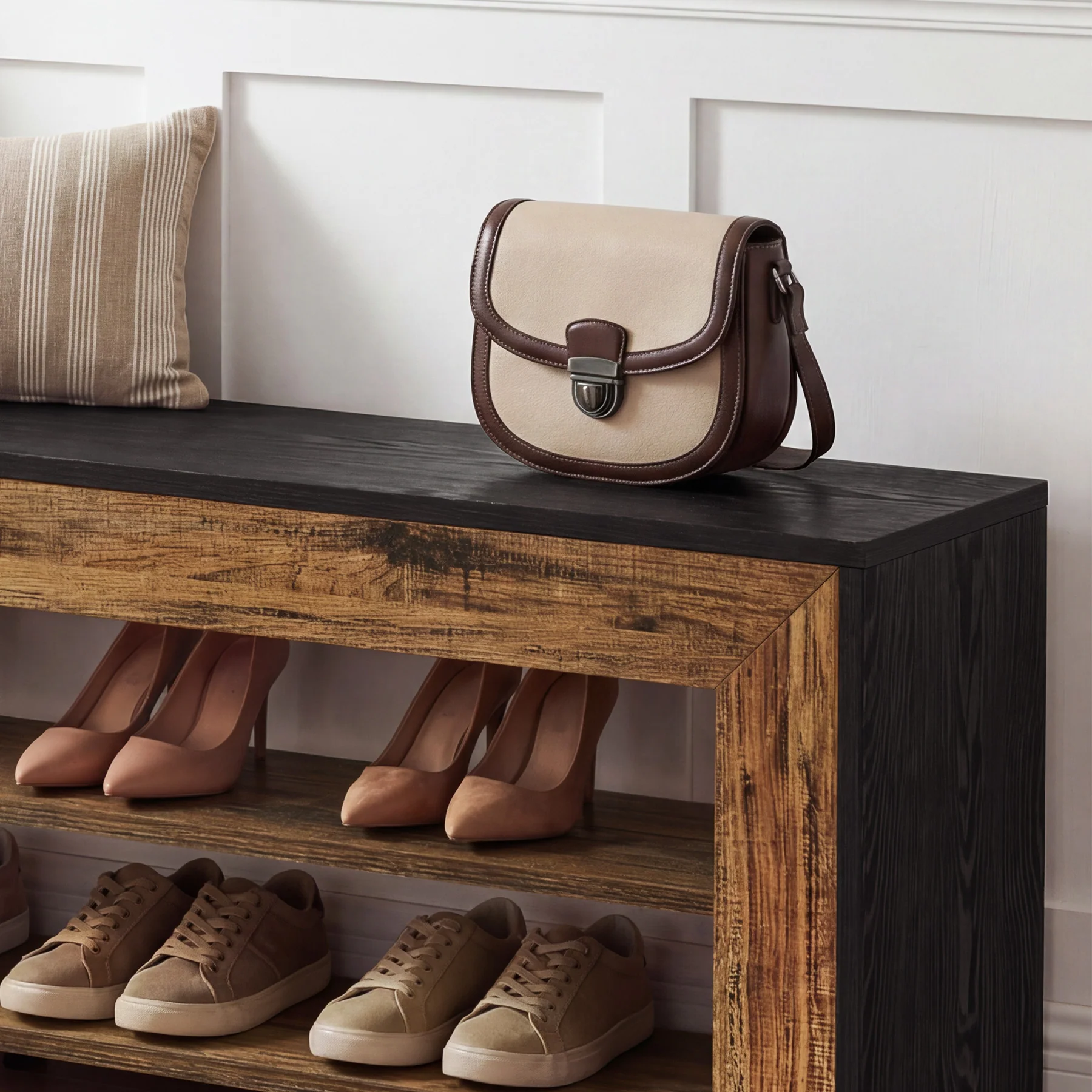63" Entryway Shoe Bench, 3-Tier End of Bed Bench with Storage Shelves for Hallway - Image 8