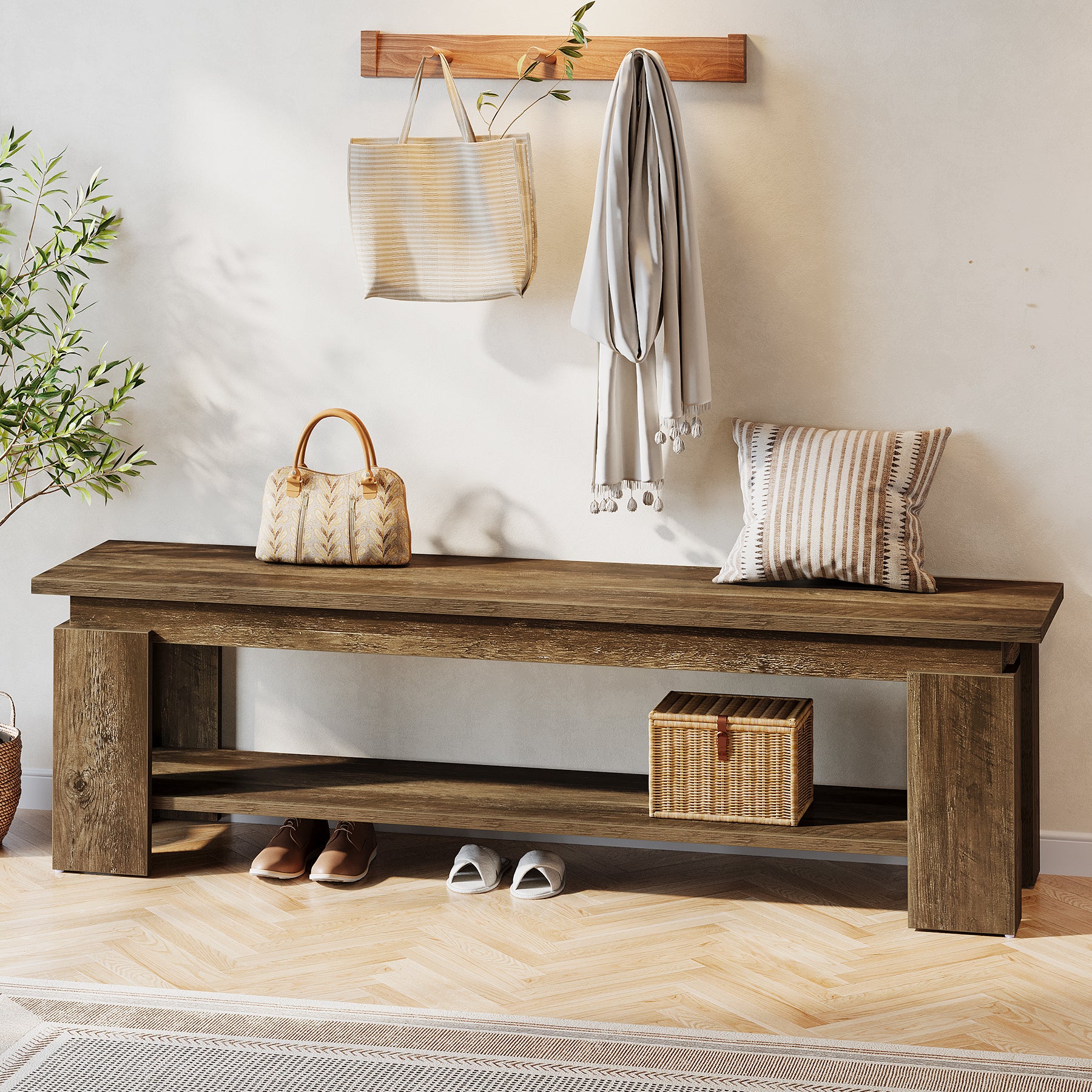 63" Entryway Bench, Farmhouse Shoe Bench End of Bed Bench with Storage Shelf - Image 3