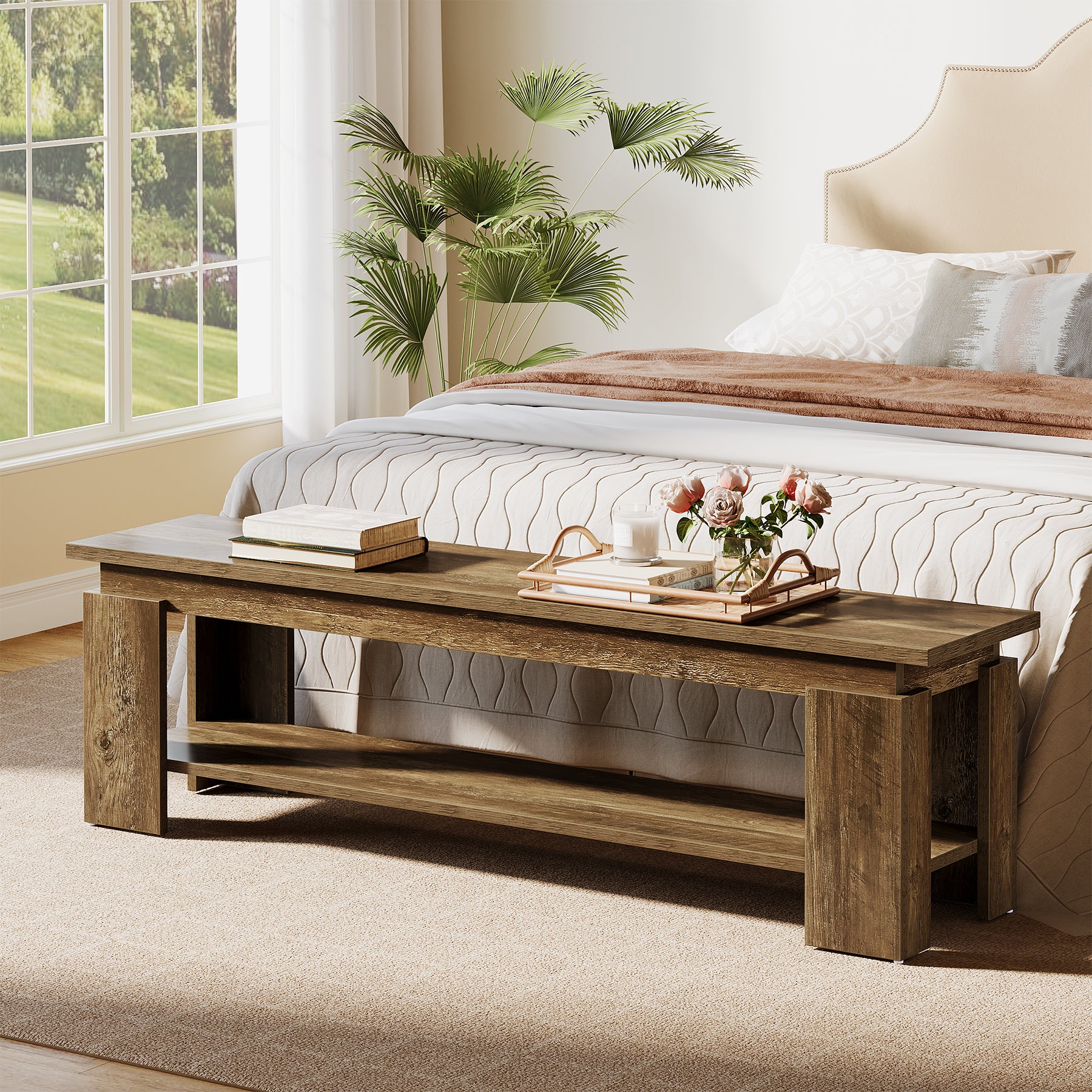 63" Entryway Bench, Farmhouse Shoe Bench End of Bed Bench with Storage Shelf - Image 4