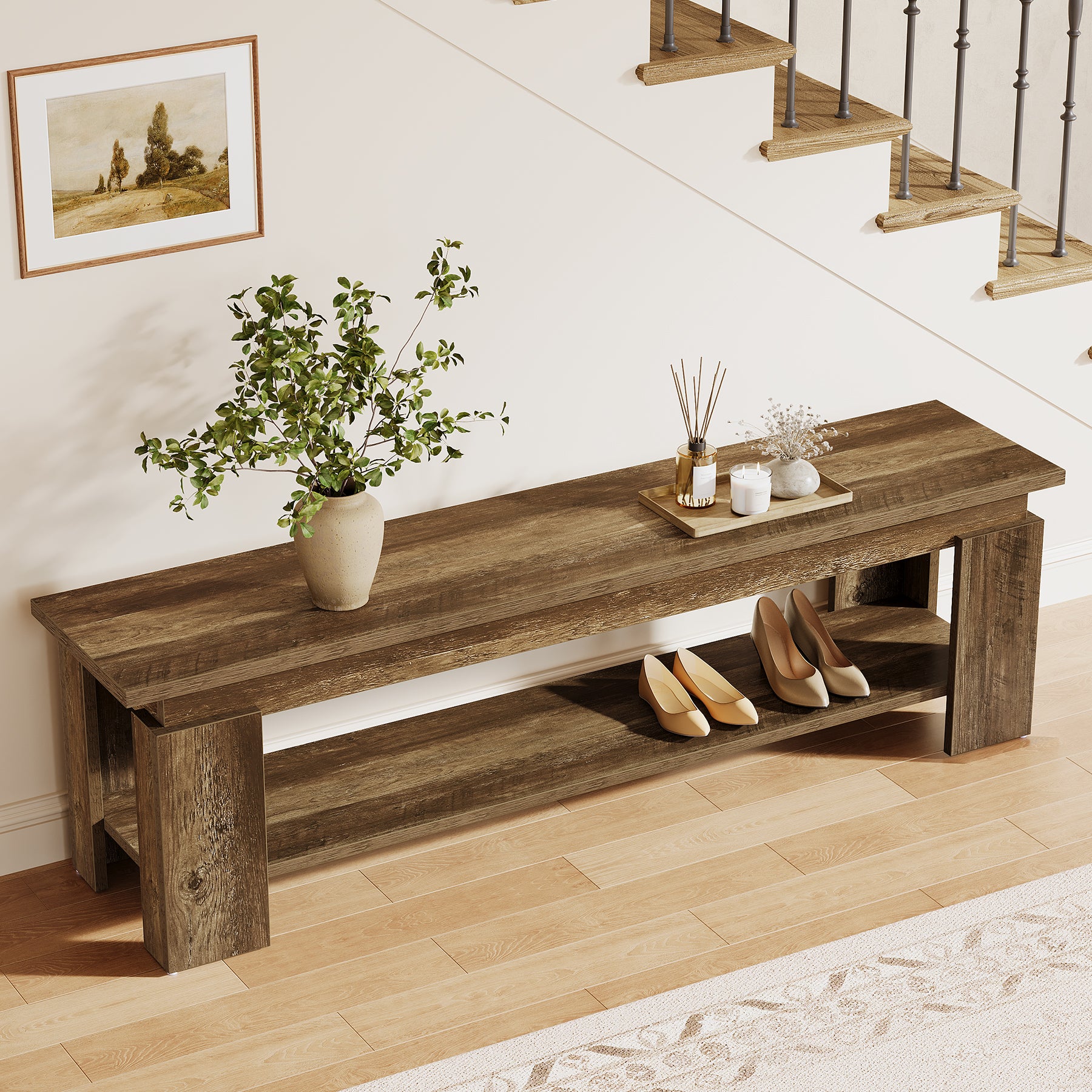 63" Entryway Bench, Farmhouse Shoe Bench End of Bed Bench with Storage Shelf - Image 5