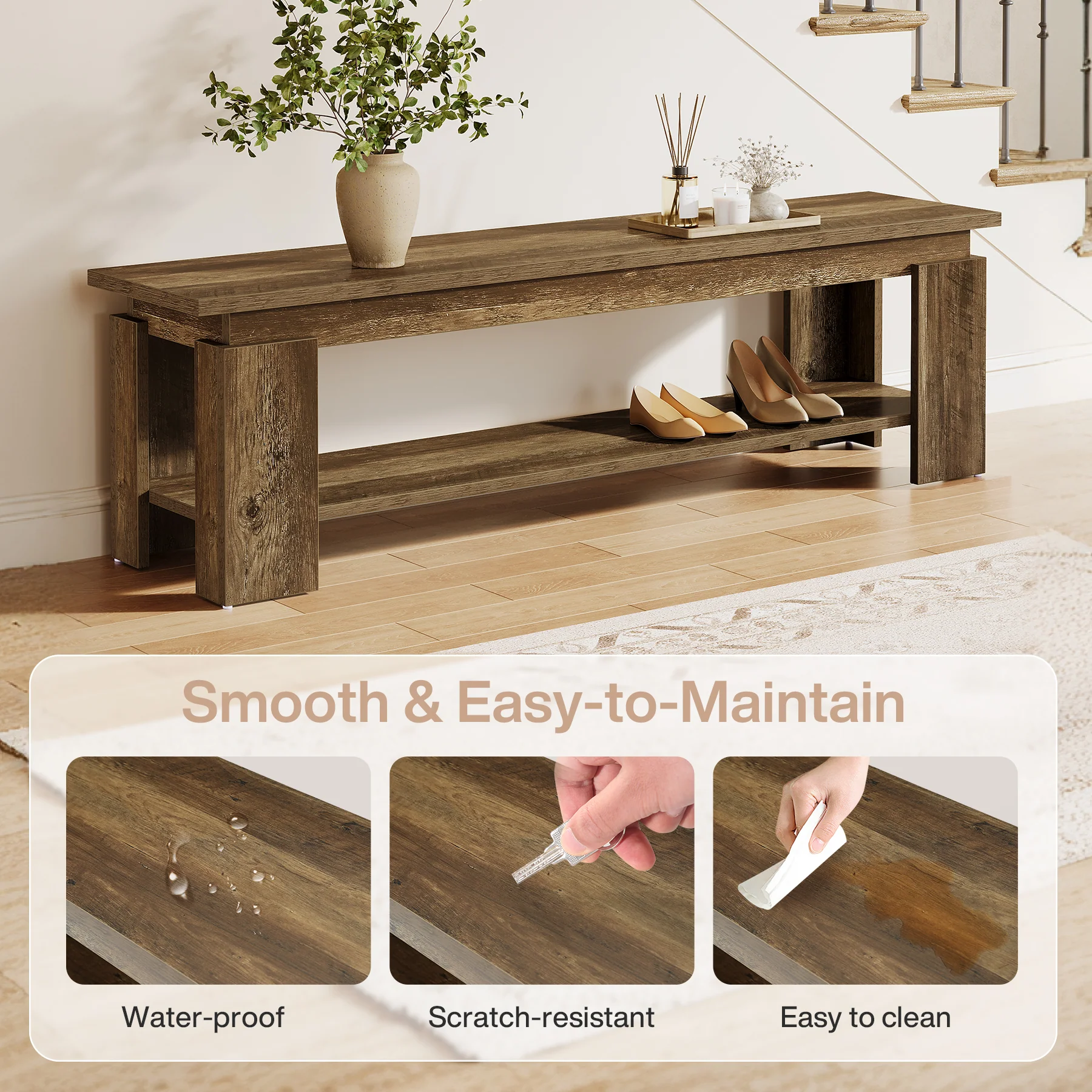 63" Entryway Bench, Farmhouse Shoe Bench End of Bed Bench with Storage Shelf - Image 7