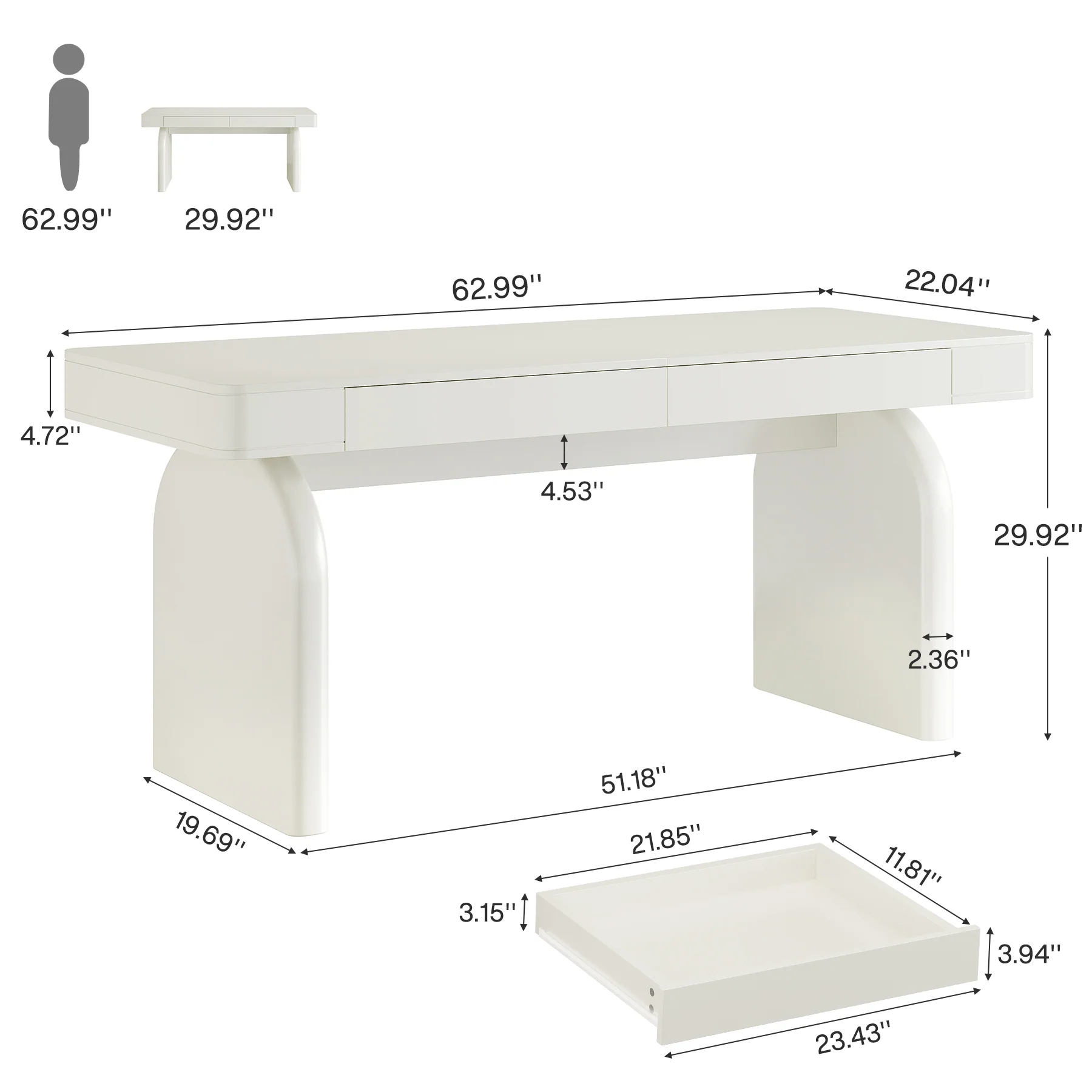 63" Executive Desk, Modern Office Computer Desk with 2 Storage Drawers - Image 2