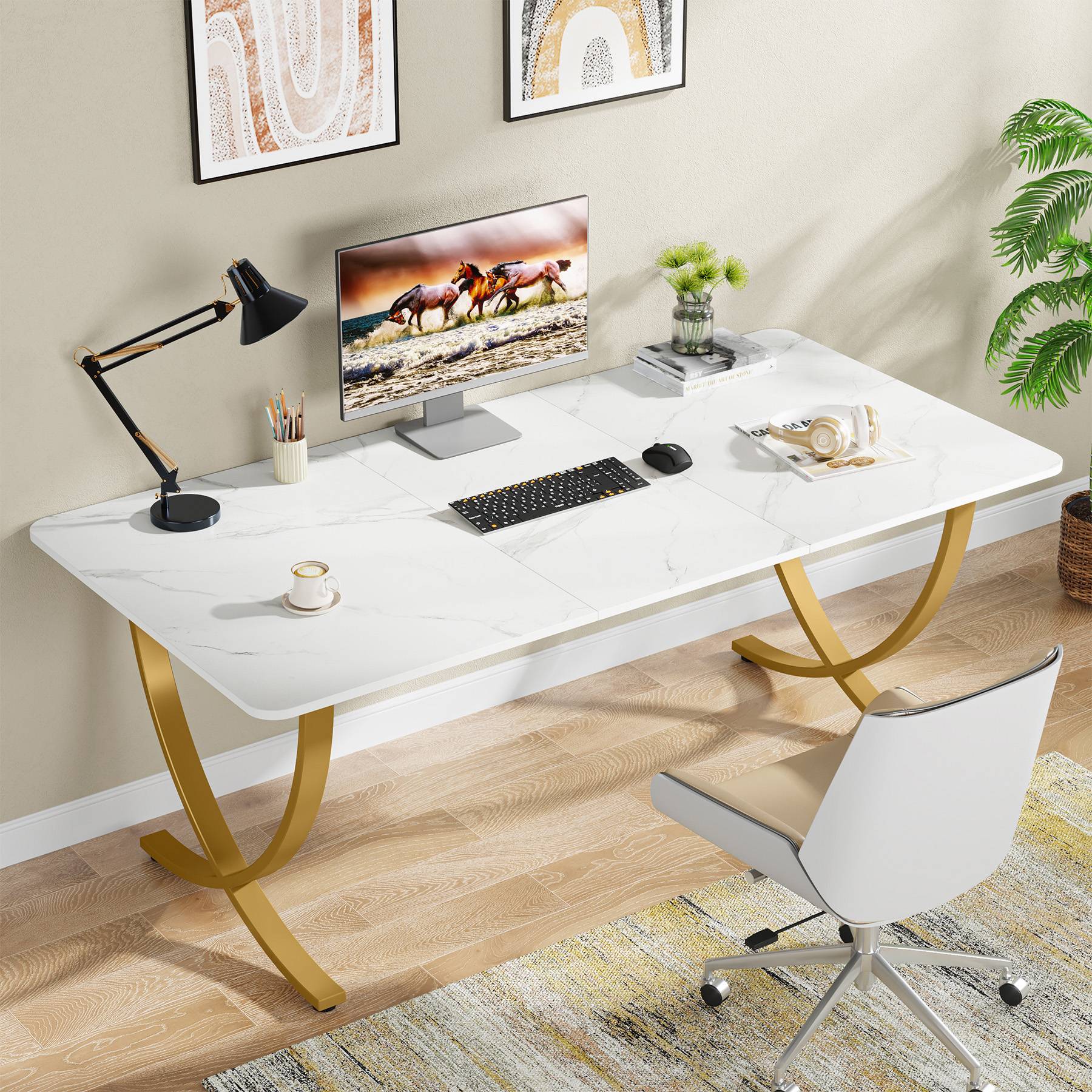 63" Executive Desk, Faux Marble Computer Desk Meeting Table - Image 4