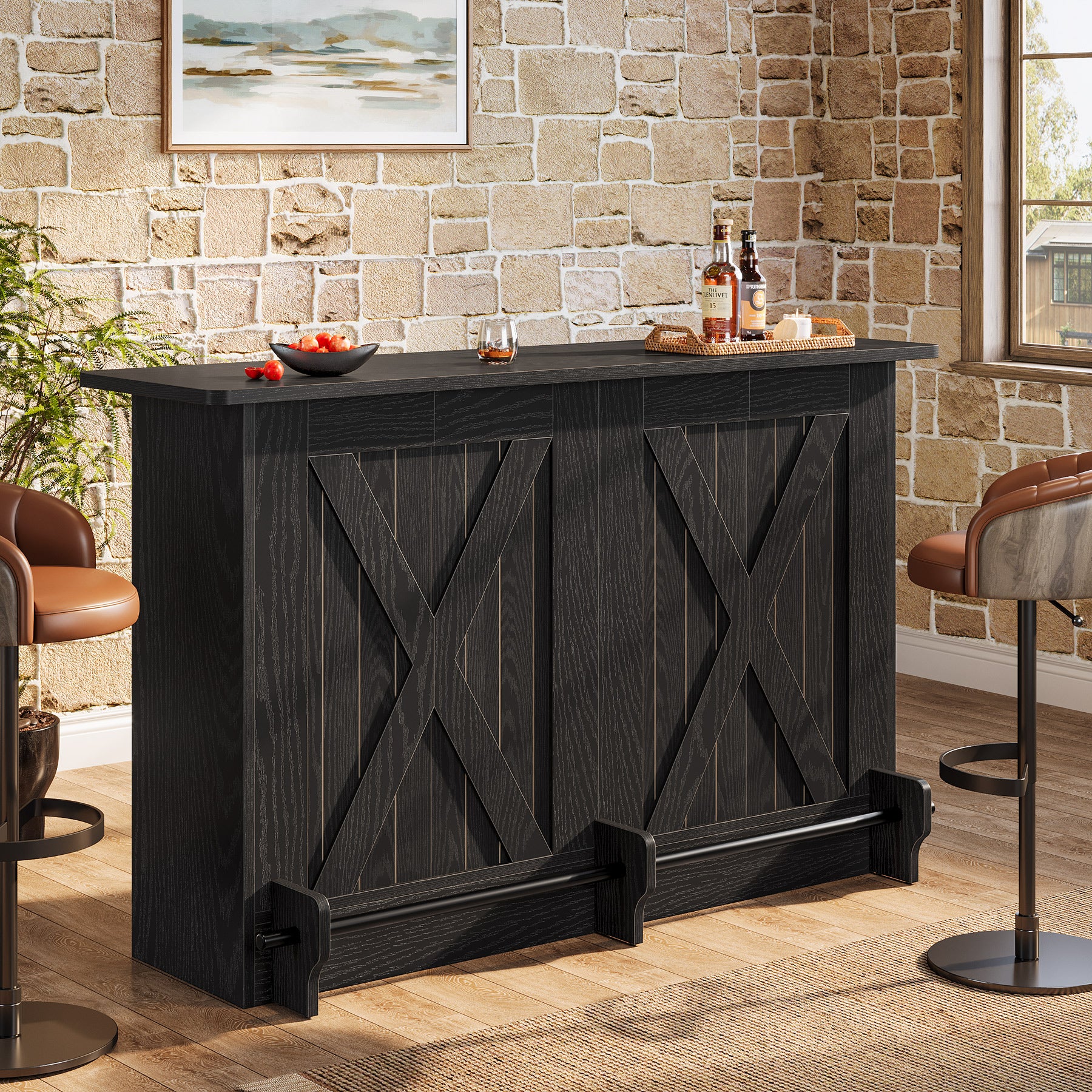 63" Home Bar Unit, 2-Tier Bar Table Coffee Cabinet with Footrest - Image 11