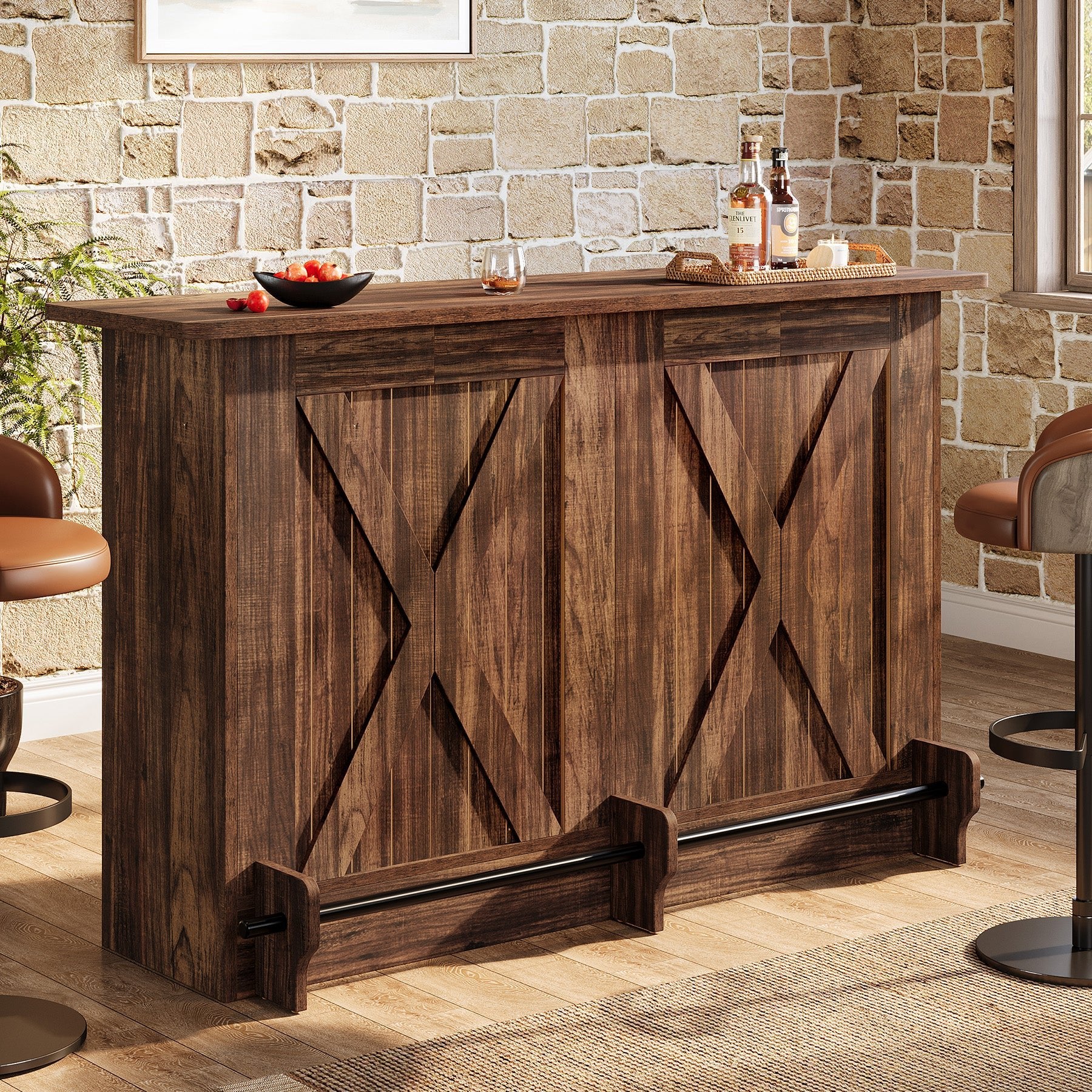 63" Home Bar Unit, 2-Tier Bar Table Coffee Cabinet with Footrest - Image 13