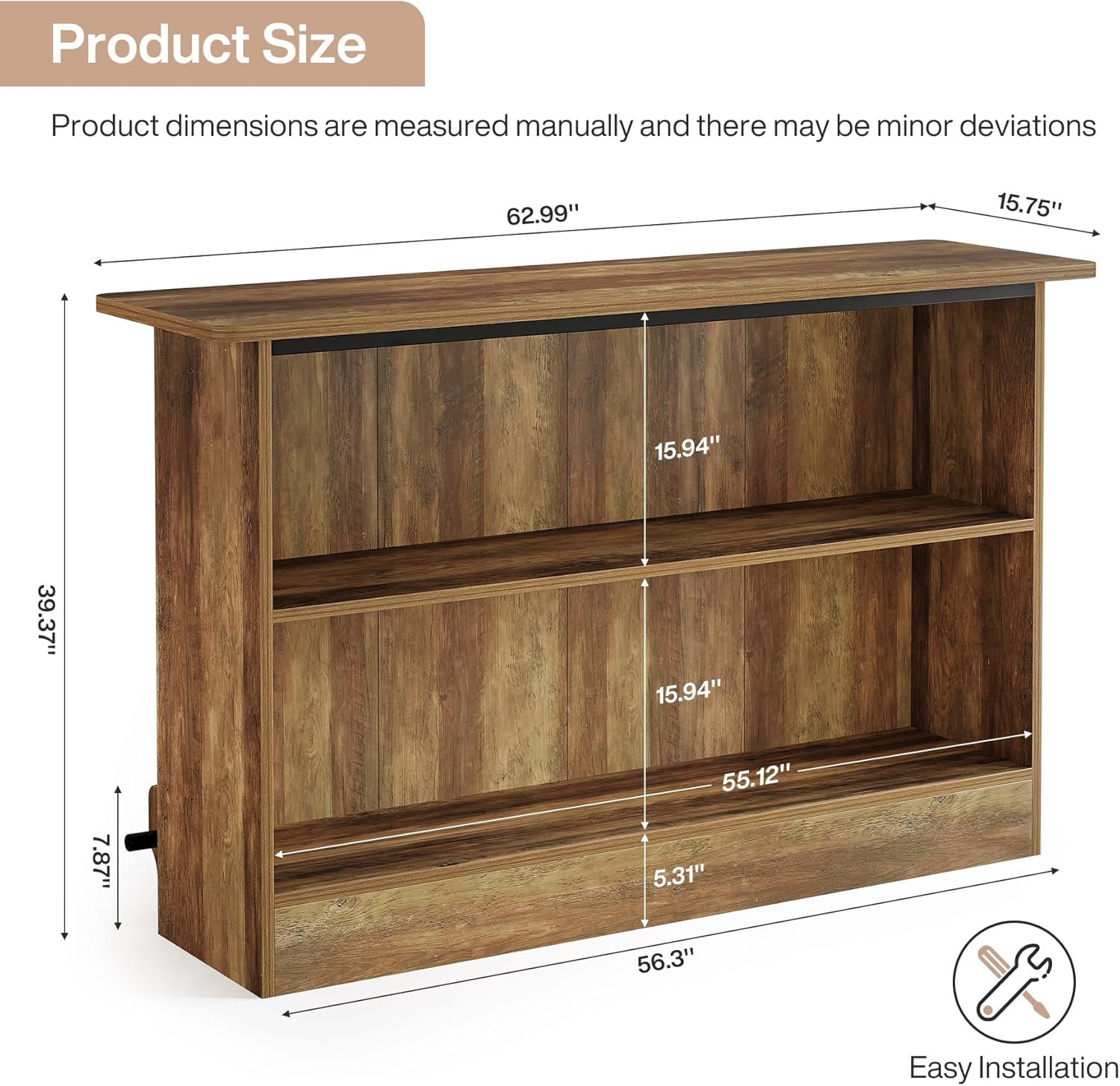 63" Home Bar Unit, 2-Tier Bar Table Coffee Cabinet with Footrest - Image 2