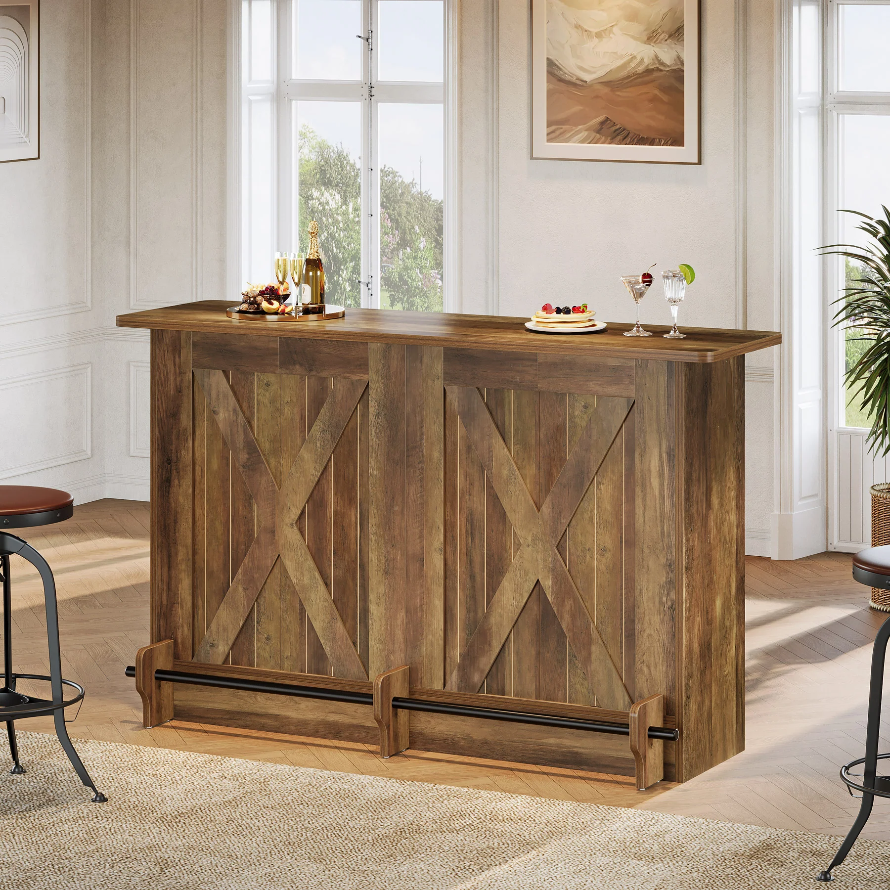 63" Home Bar Unit, 2-Tier Bar Table Coffee Cabinet with Footrest - Image 3