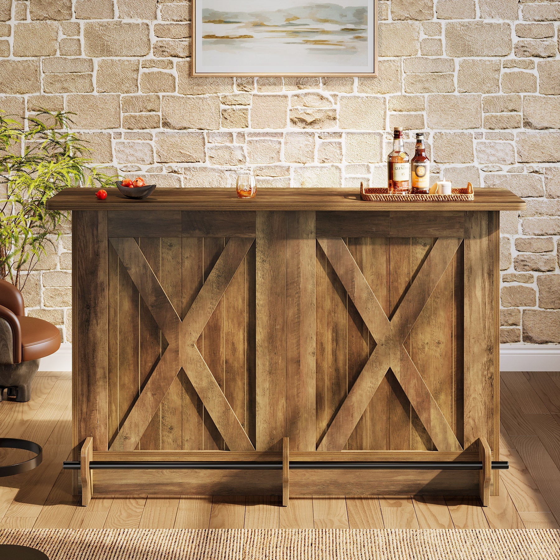 63" Home Bar Unit, 2-Tier Bar Table Coffee Cabinet with Footrest - Image 4