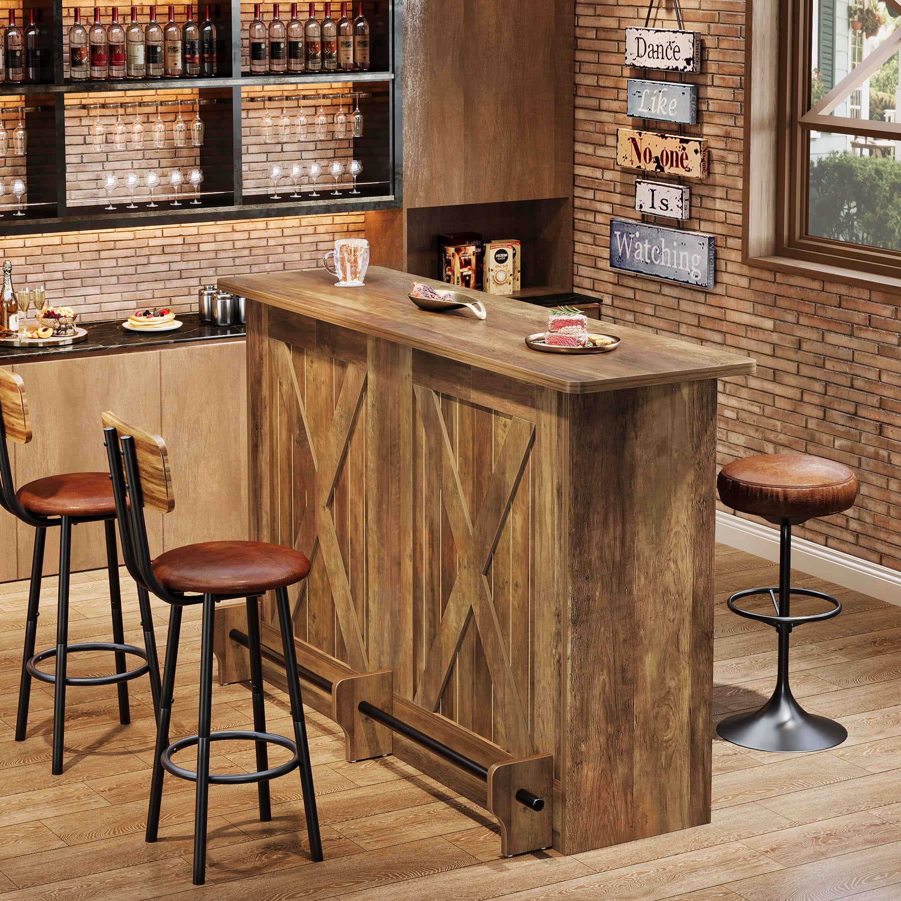 63" Home Bar Unit, 2-Tier Bar Table Coffee Cabinet with Footrest - Image 5