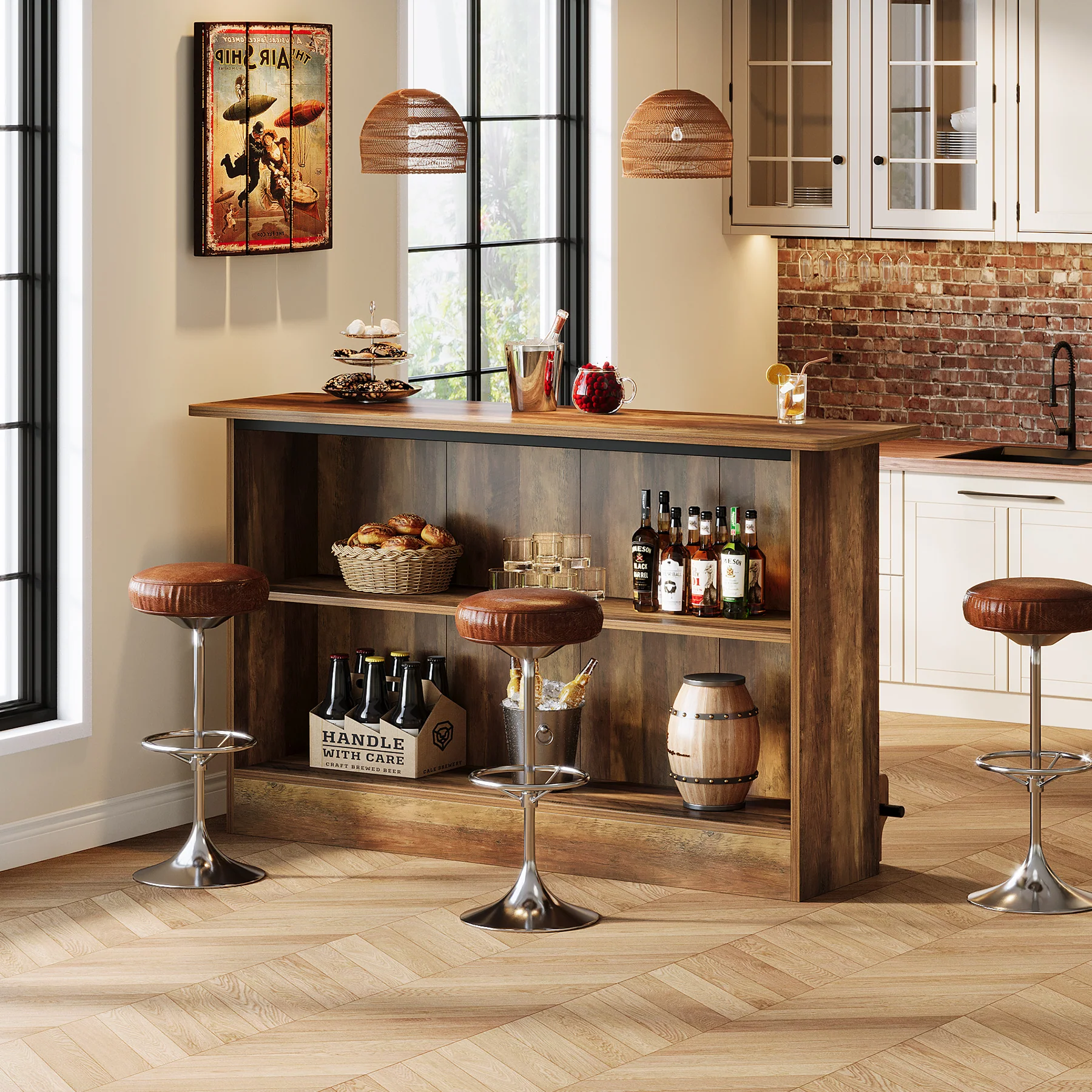 63" Home Bar Unit, 2-Tier Bar Table Coffee Cabinet with Footrest - Image 7