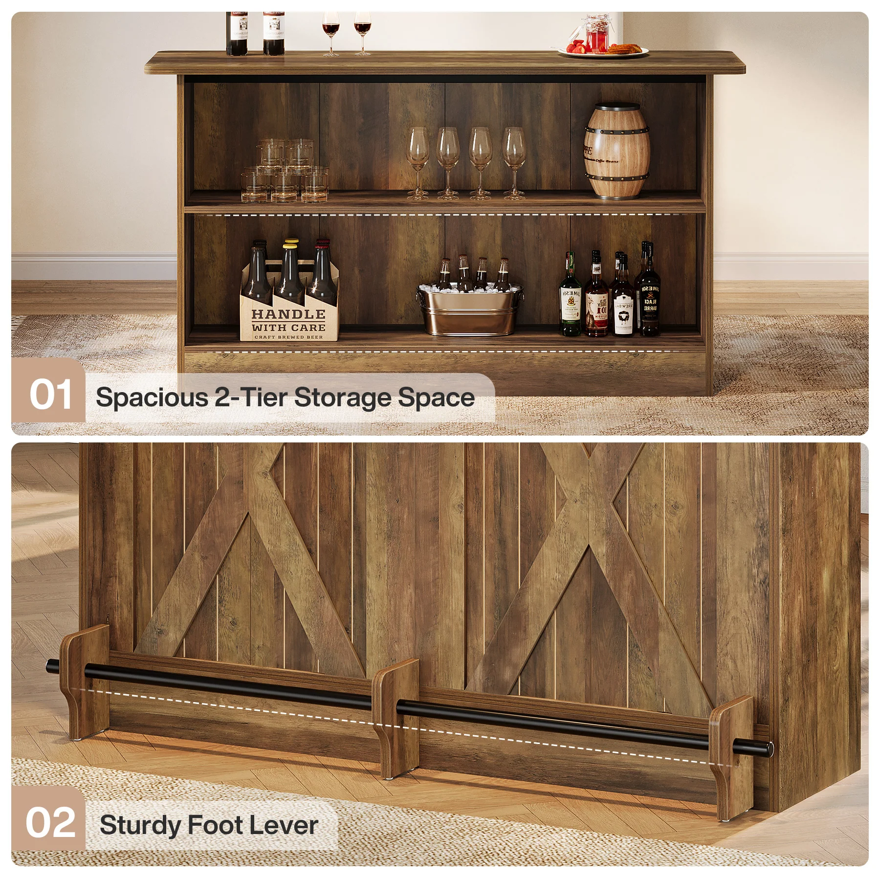 63" Home Bar Unit, 2-Tier Bar Table Coffee Cabinet with Footrest - Image 8