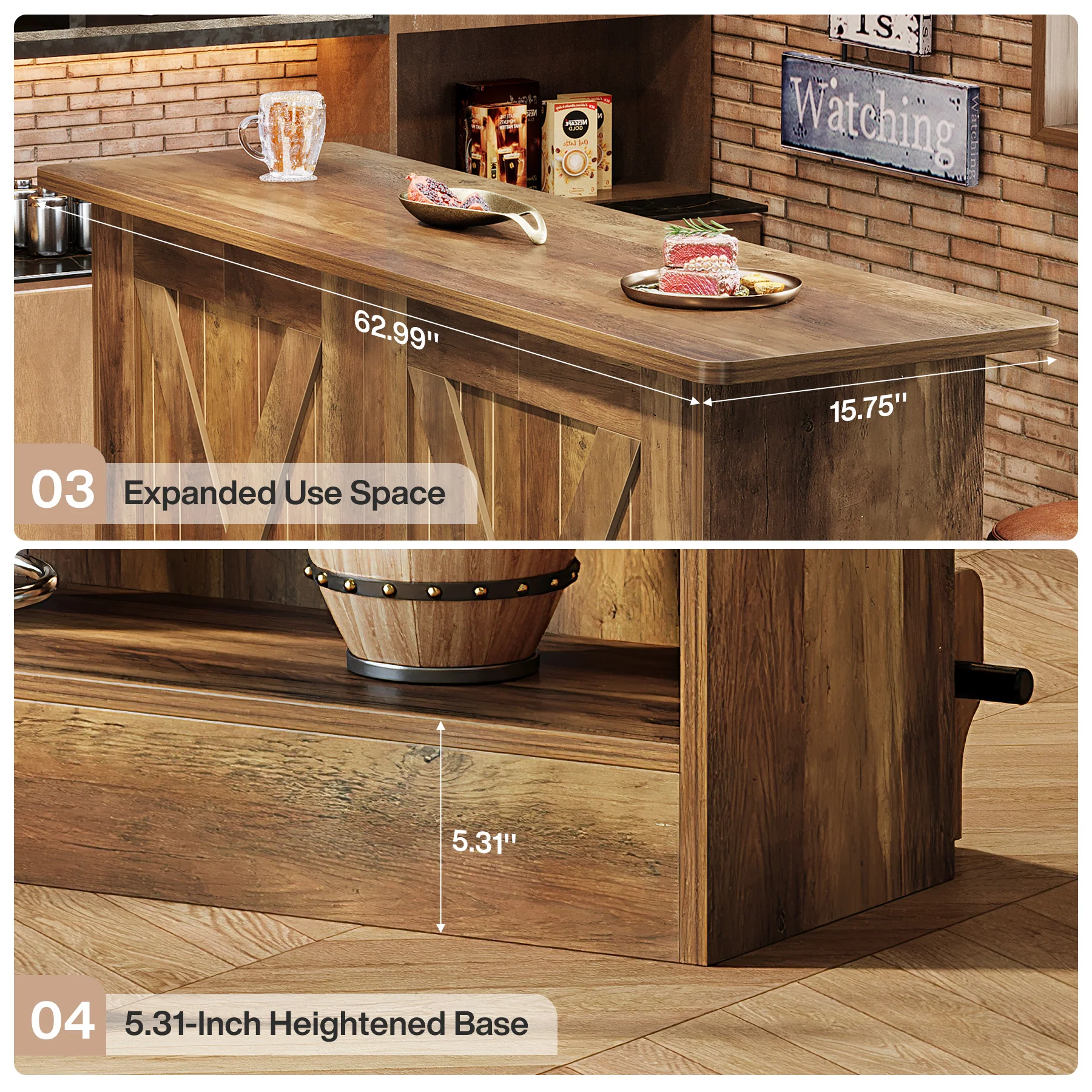 63" Home Bar Unit, 2-Tier Bar Table Coffee Cabinet with Footrest - Image 9