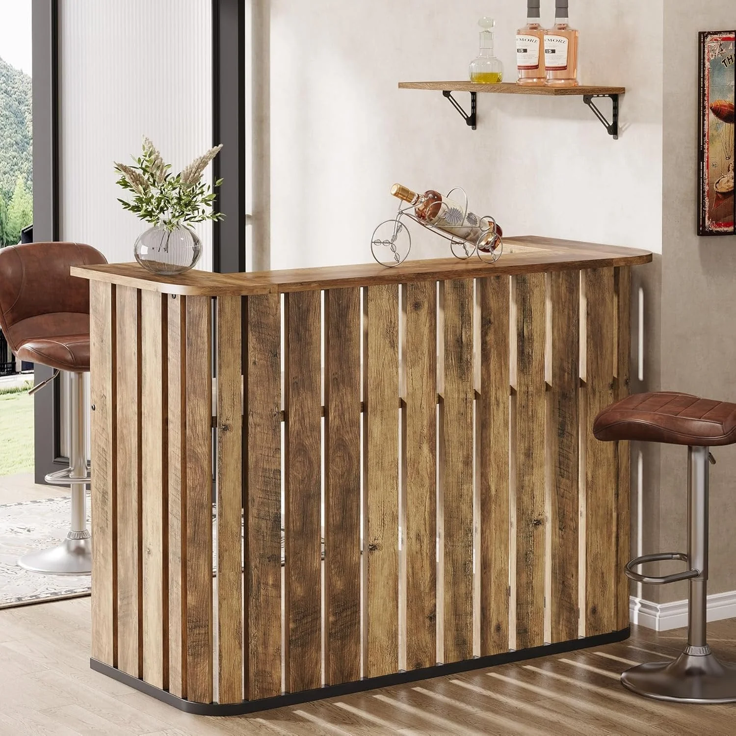 63" Home Bar Unit, Farmhouse Liquor Bar Table with 2-Tier Shelves - Image 4