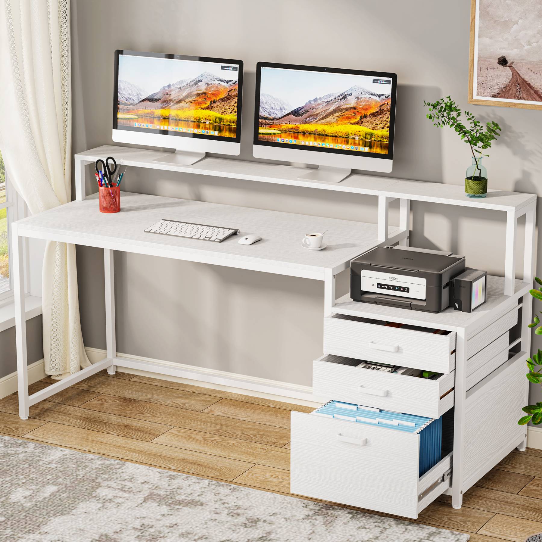 63" Computer Desk, Ergonomic Office Desk with Drawers & Monitor Stand - Image 8