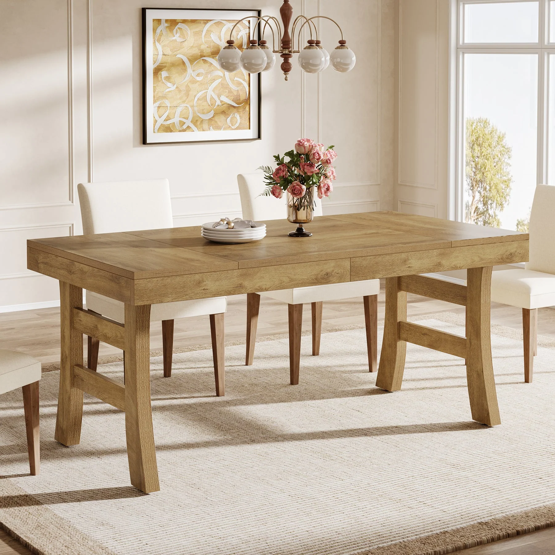 63" Dining Table, Farmhouse Kitchen Dinner Table for 4-6 People