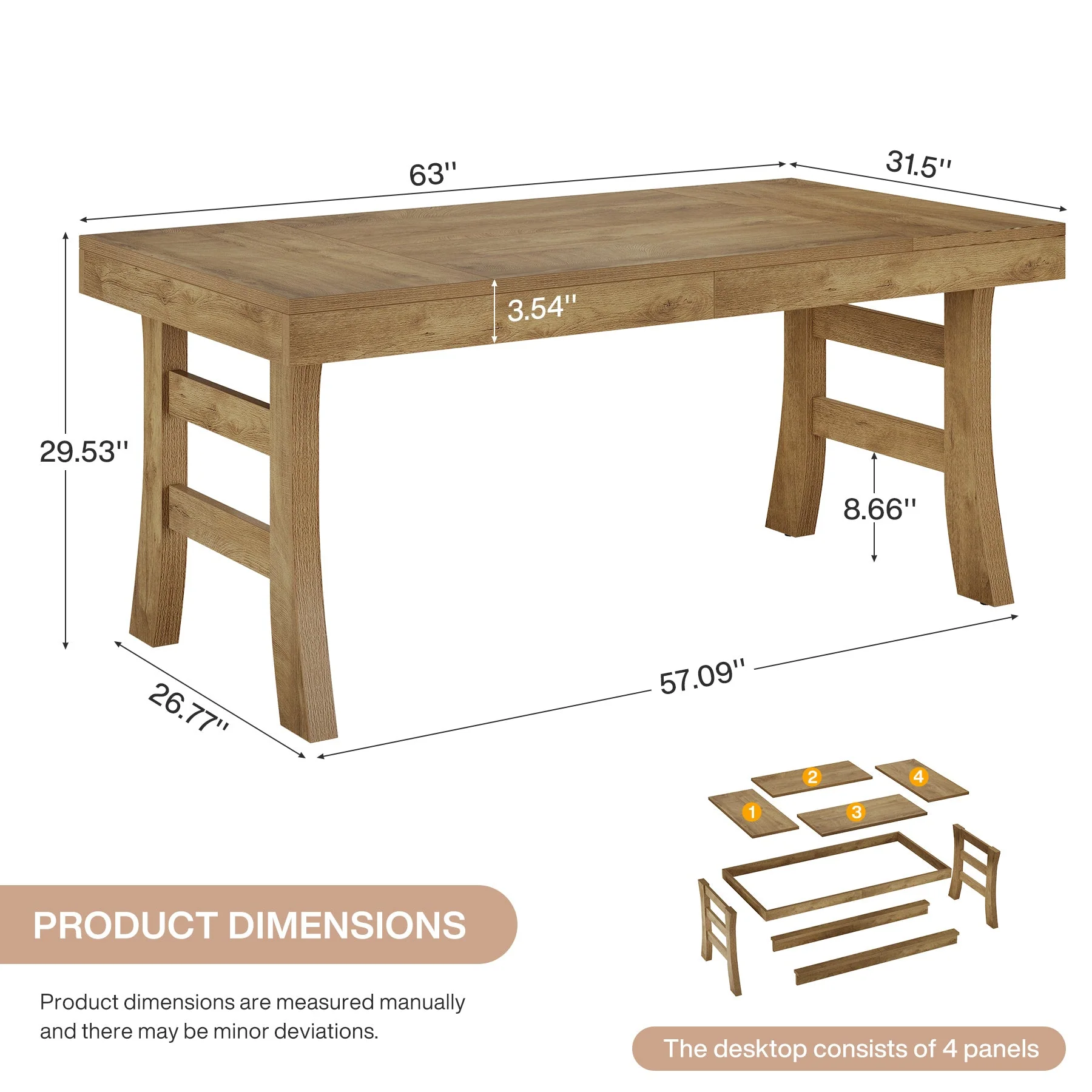 63" Dining Table, Farmhouse Kitchen Dinner Table for 4-6 People - Image 2
