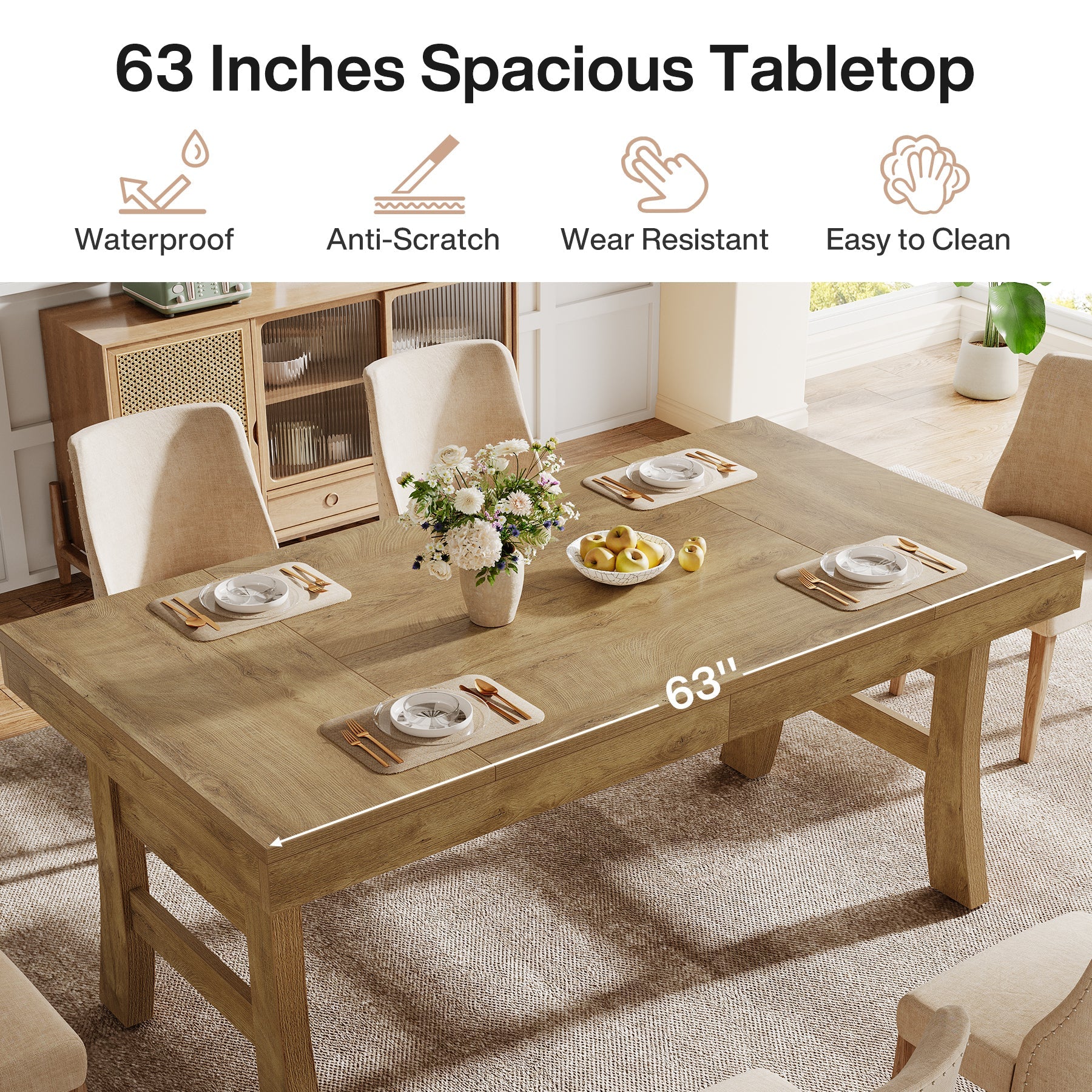 63" Dining Table, Farmhouse Kitchen Dinner Table for 4-6 People - Image 7