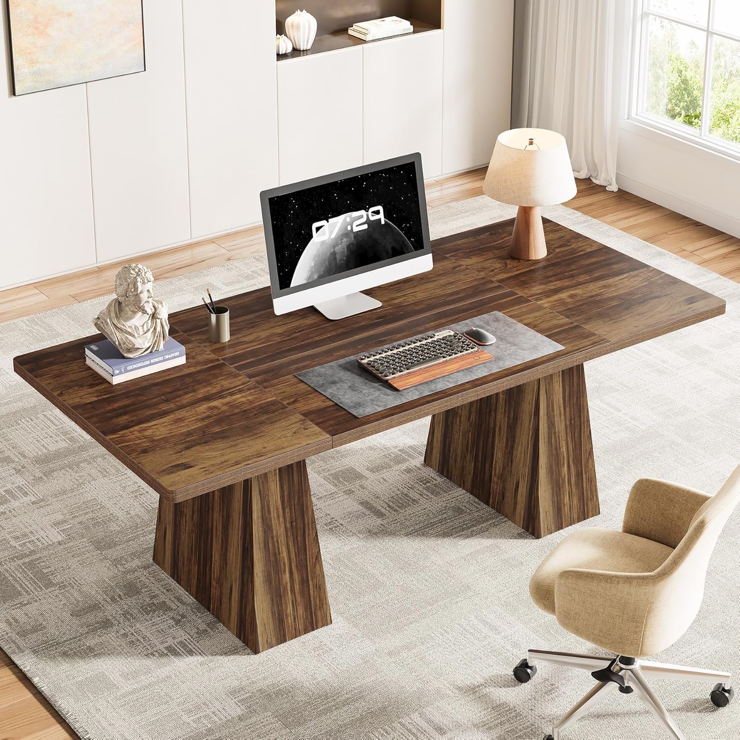 63" Executive Office Desk, Modern Black Double Pedestal Workstation for Home - Image 10
