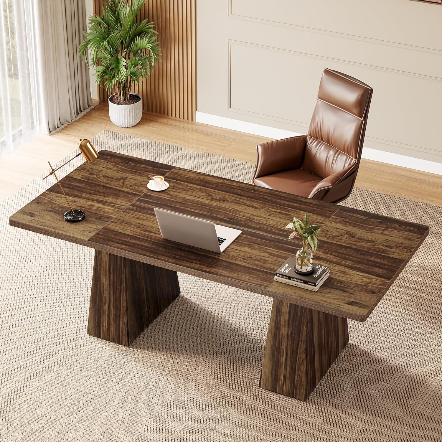 63" Executive Office Desk, Modern Black Double Pedestal Workstation for Home - Image 12
